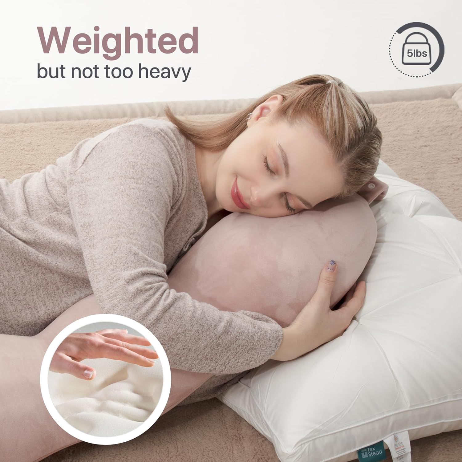 Texstead Pea Body Pillow for Side Sleepers, Hugpillow Cuddle Pillows for Adults,Memory Foam Hug Pillow 109X43Cm Pink - Grey image number 5