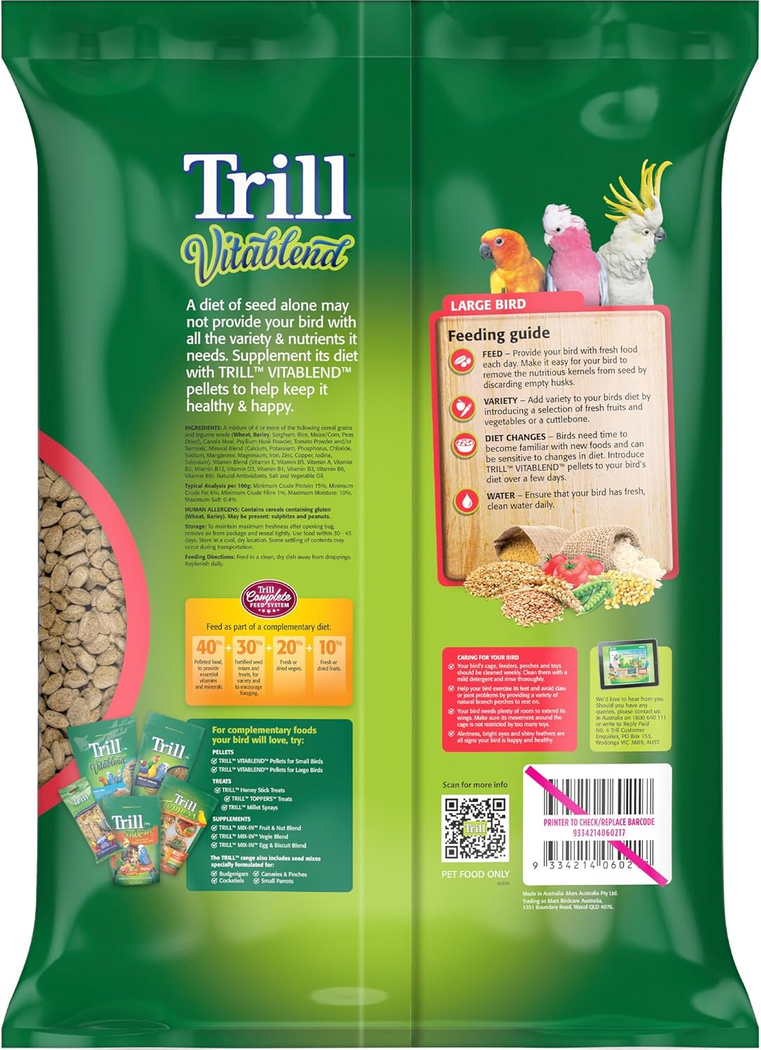 Trill Vitablend Large Bird Food 6Kg, Pellets &ndash; Nutrient-Filled Pellets &ndash; Bird Food &ndash; Suitable for Large Parrots Such as Sun Conures, Galahs & Cockatoos. image number 6