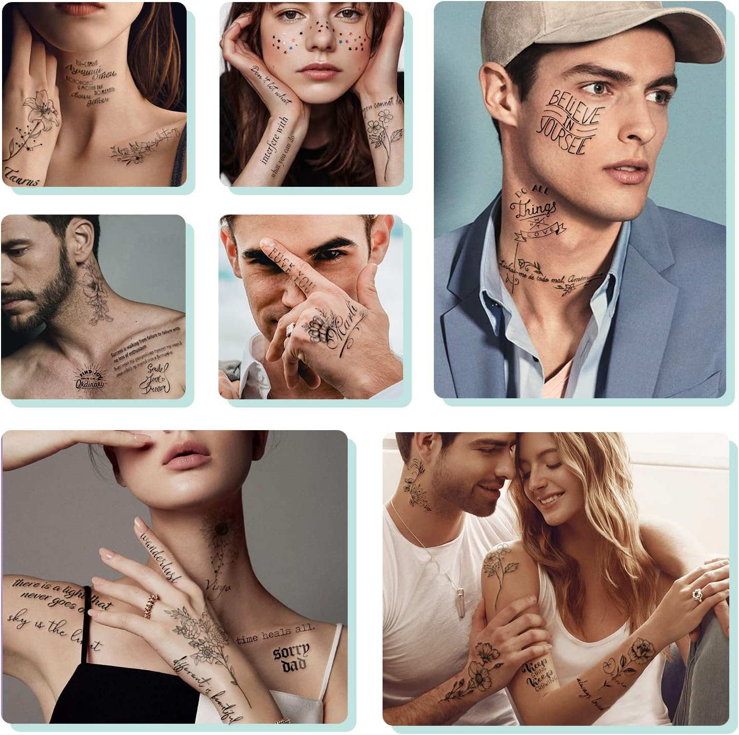 Waterproof Temporary Tattoo - 90 Sheets Realistic Fake Tattoos, 52 Sheets Inspirational Words Tattoo Stickers, 38Sheets Wild Flower Floral Rose Sunflower Bouquet Body Stickers for Adult Women Men Kids