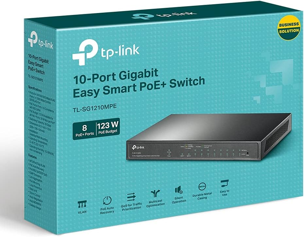 Tp-Link 10-Port Gigabit Easy Smart Poe Switch with 8-Port Poe+, 123 W Budget, Network Monitoring, VLAN for Security, Poe Auto Recovery, Qos, Metal Casing, Fanless Design, Plug & Play (TL-SG1210MPE) image number 3