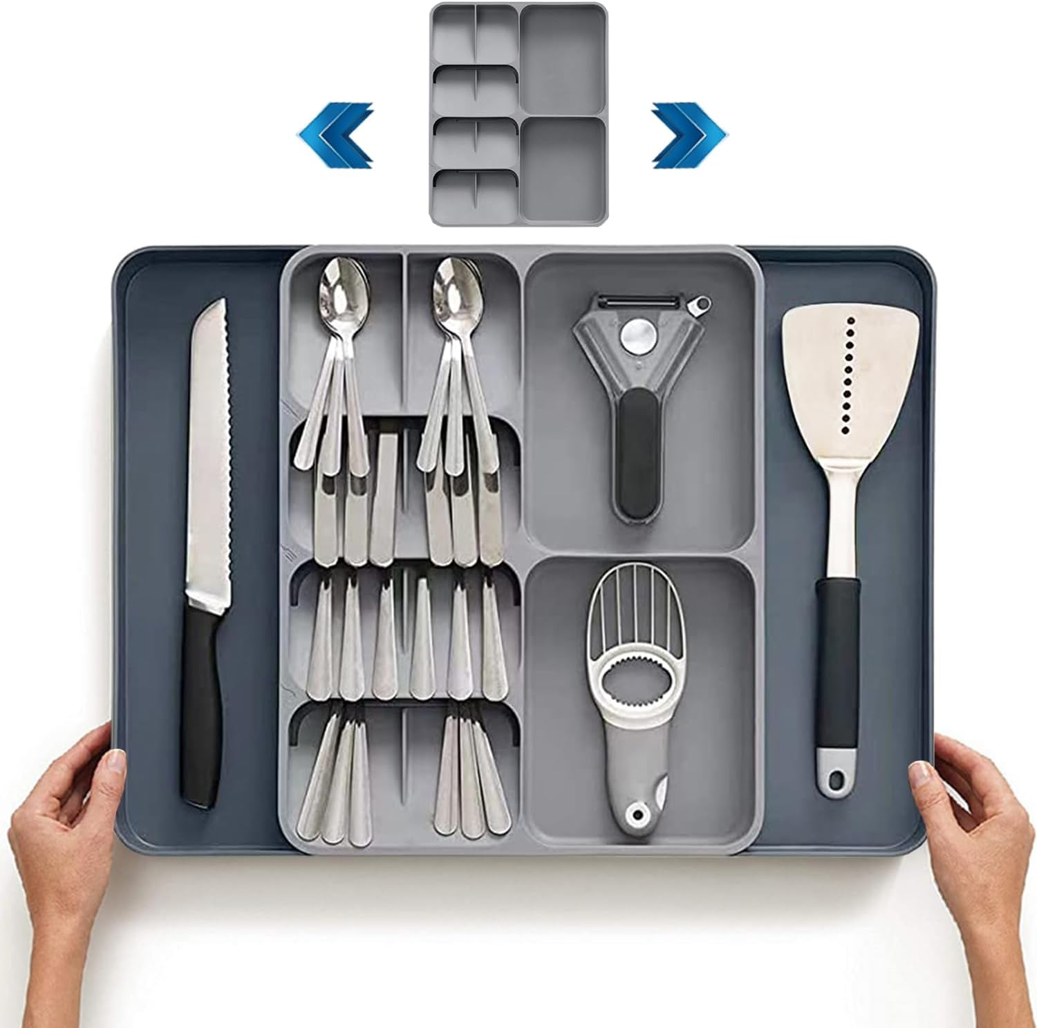 FOREVERIE Extendable Cutlery Drawer Organiser & Utensil Tray &ndash; Adjustable Width (28-53Cm), 39Cm Organizer Depth (Fits 40Cm+ Drawers), 5.5Cm Low Profile, Knife, Fork & Spoon Storage, Space Saving Grey image number 1