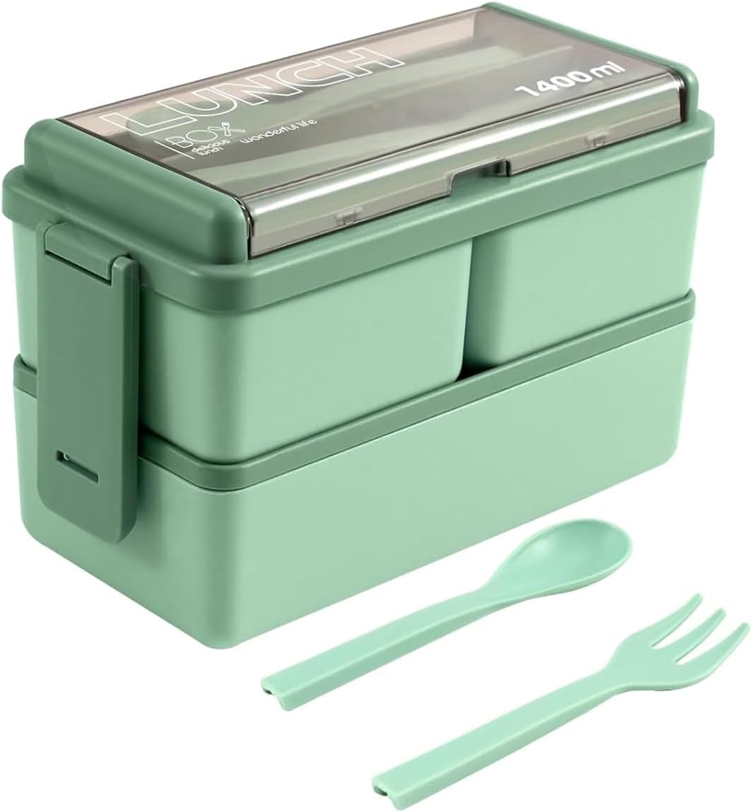 Lunch Box, 1400Ml Bento Box with Spoon Fork, Stackable 2 Layer 3 Compartments Leak Proof, Meal Prep Container for Adults Kids Students Office Microwave Dishwasher Safe image number 2