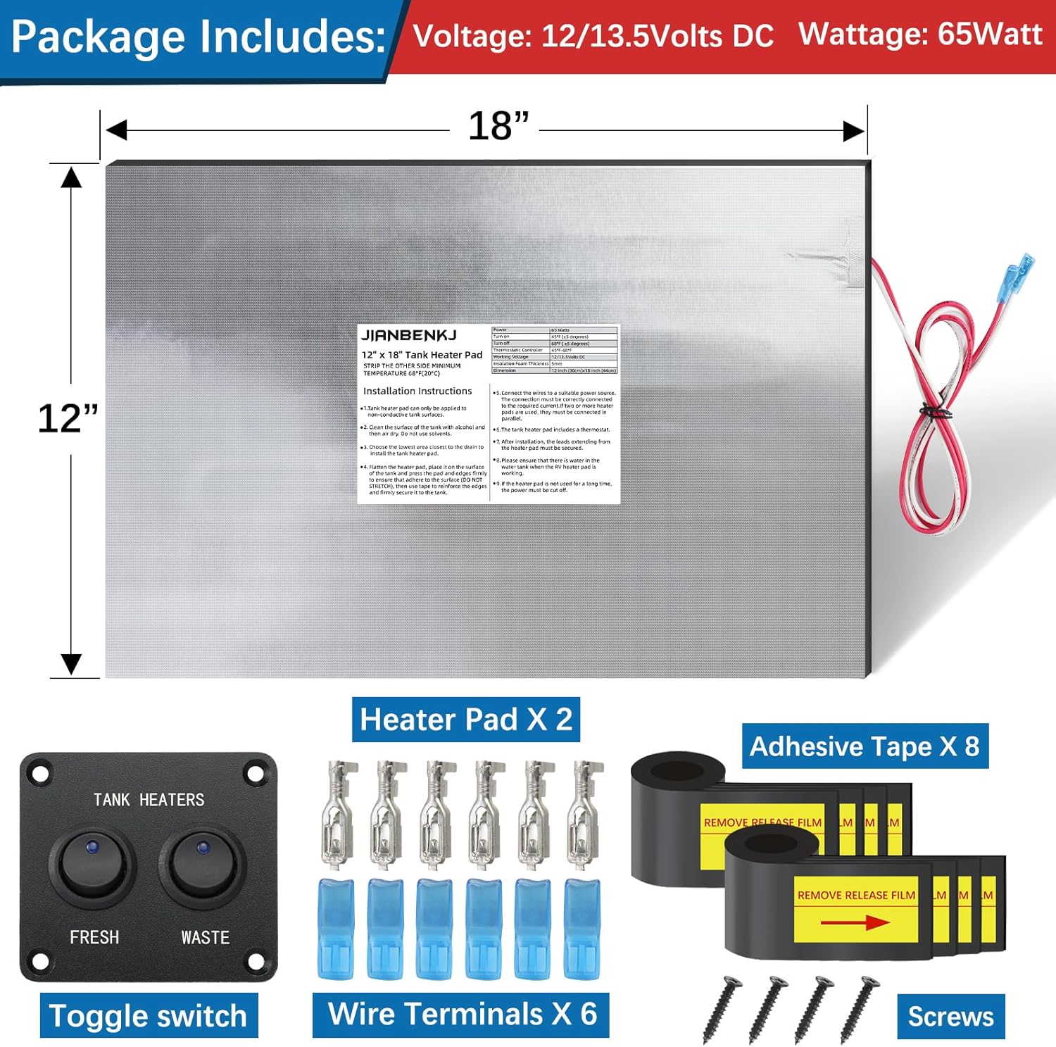 RV Holding Tank Heater Pad with Automatic Thermostat&Switch, 2PCS 12/13.5V RV Tank Heater Pad 12"X18" for Camper/Trailer/Motorhome/Marine,Use with up to 50 Gallons Grey Fresh Black Water image number 1