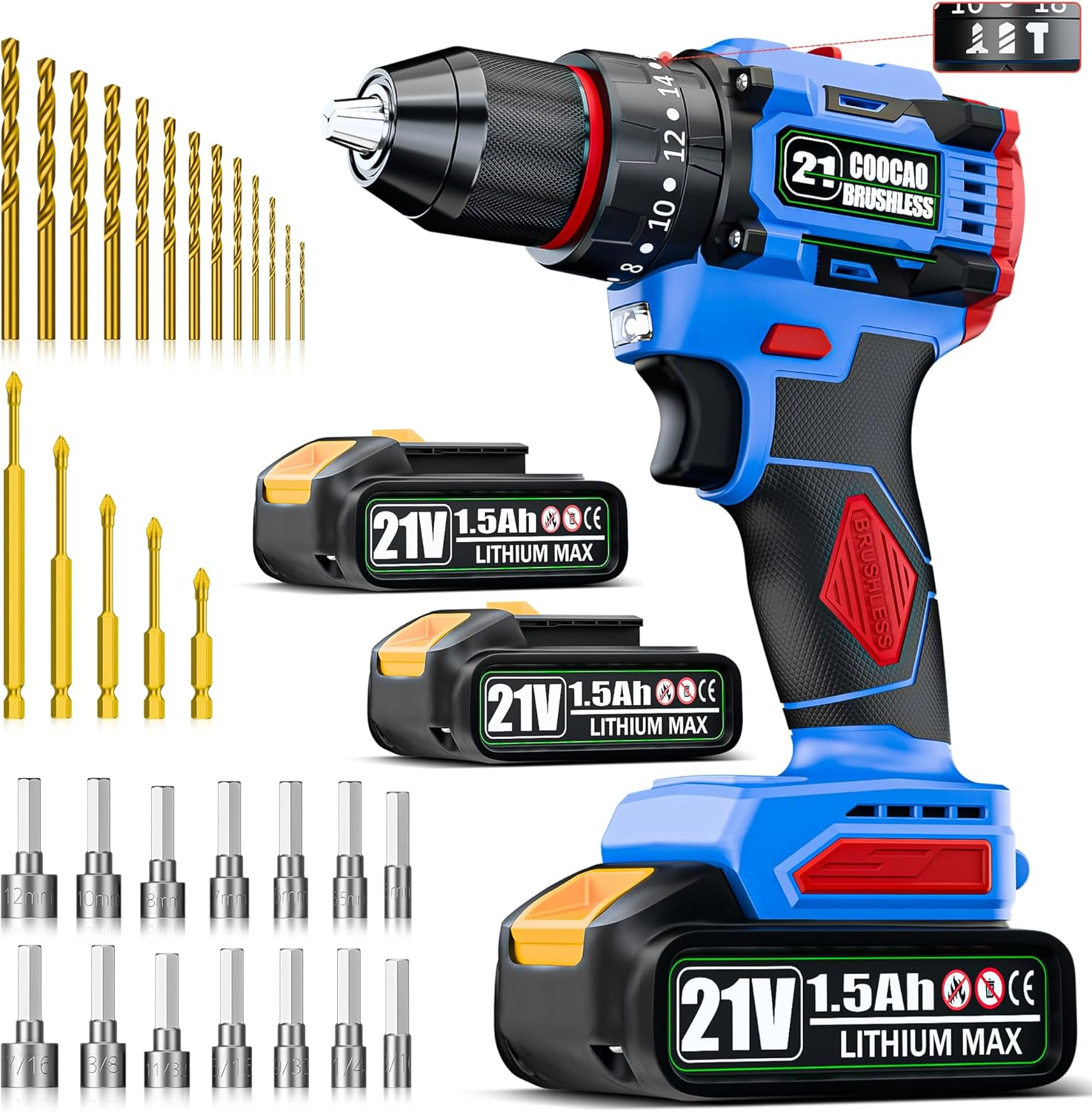 21V Cordless Drill, Brushless Power Drill Set with 2 Batteries and Charger,3/8-Inch Chuck Electric Drill Driver,20+3 Torque Setting,32 Pcs Drill/Driver Bits and Tool Set