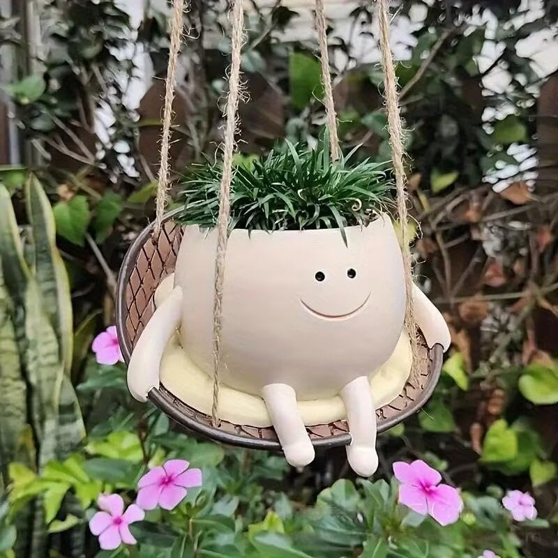 Rocking & Hanging Chair Plant Pot, Indoor and Outdoor Innovative Decorative Pots, Swinging Happy Face Flowers Planters Pots Head.(Hanging Baske) image number 4