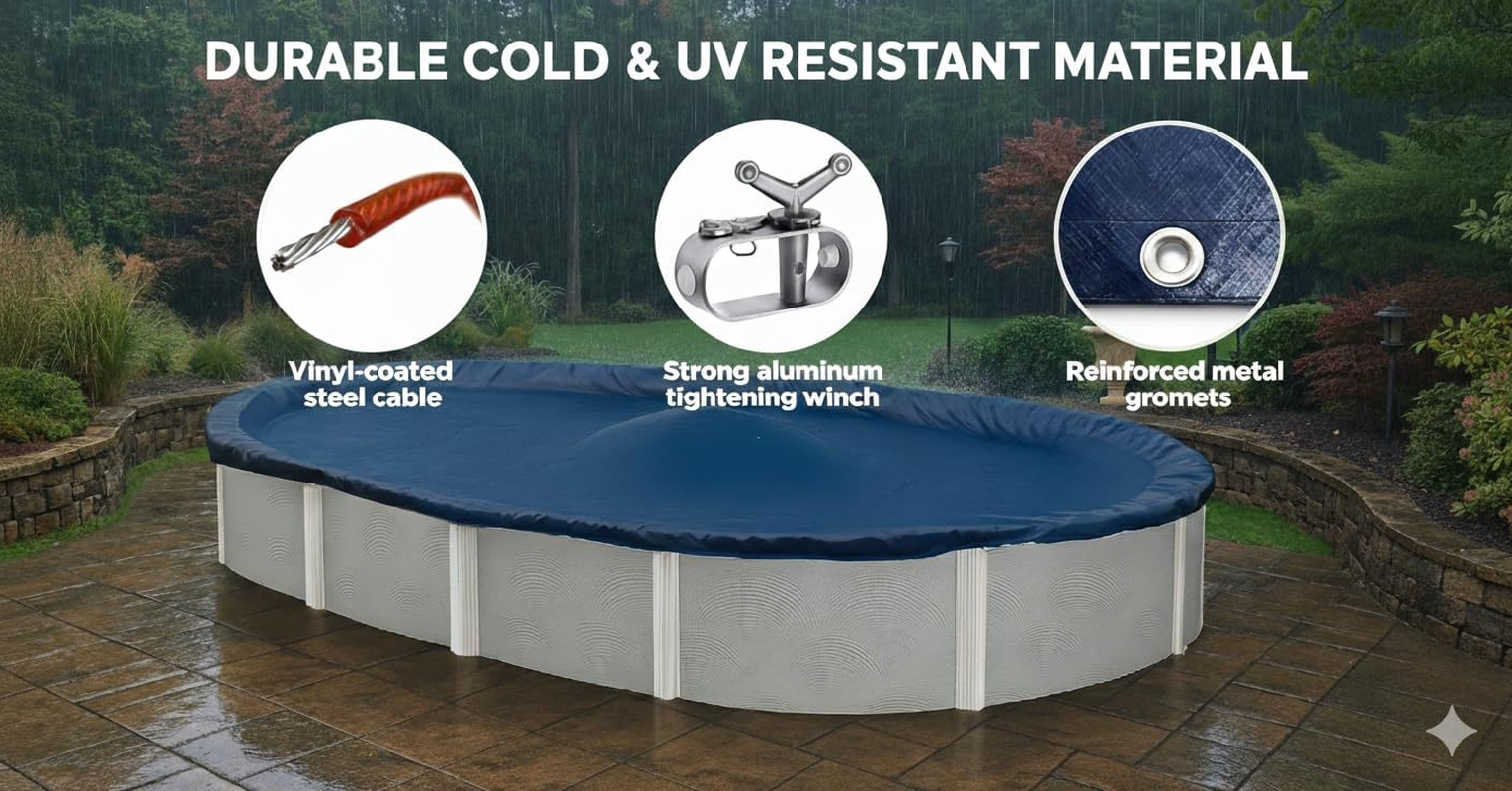 Premium Winter Pool Cover for above Ground Oval Pool, 12' X 18' Ft., Aboveground Pools Winter Cover, Heavy Duty, Includes Winch and Cable, UV Protection image number 1