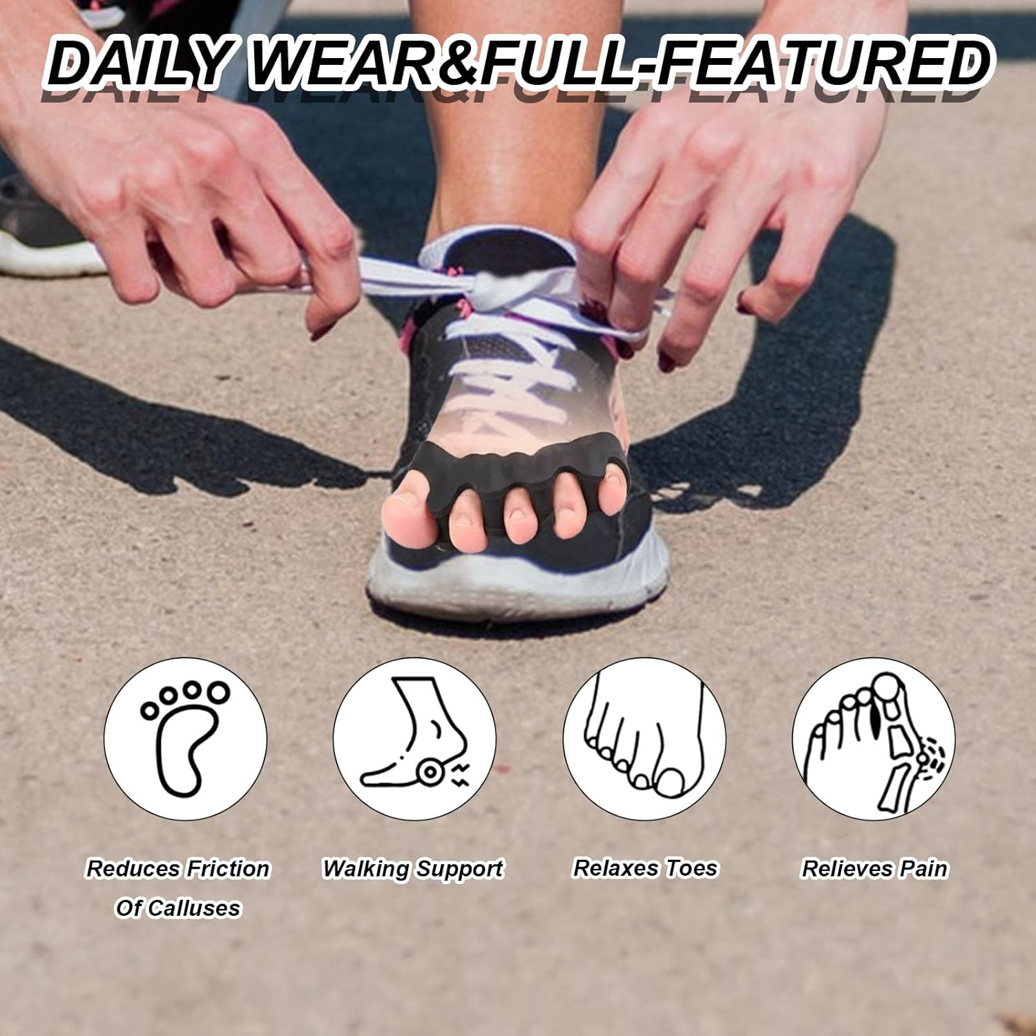 2 Pairs Soft Gel Toe Separators Bunion Corrector Toe Straightener Toe Spacers Big Toe Stretcher for Pain Relief (Black+White) image number 2