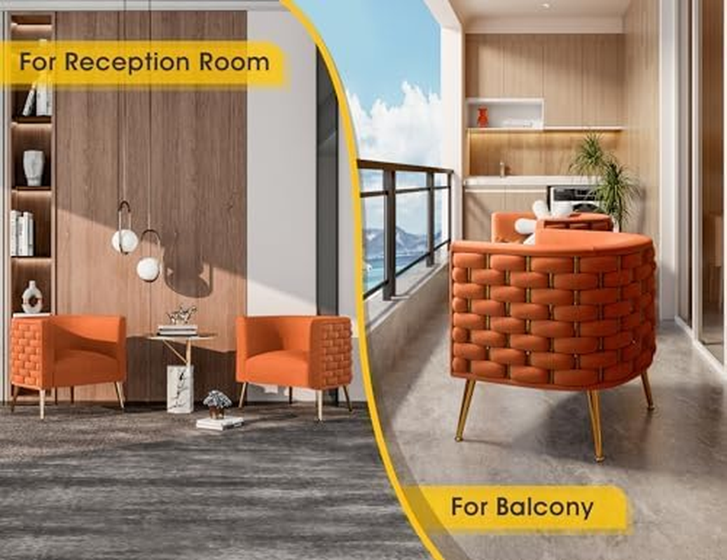 Modern Velvet Barrel Accent Chair, Comfy Wide Handmade Woven Bucket Arm Chair, Fluffy Tufted Upholstered Single Sofa Chair for Living Room, Bedroom, Office, Waiting Room(Orange)