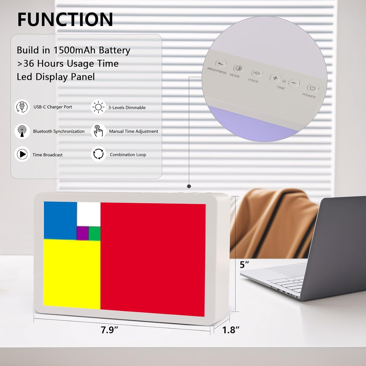 Fibonacci Math Desk Clock - Dynamic Color Display Timepiece with Bluetooth Sync, Dimmable LED Home Office Decor, Educational STEM Adults & Math Enthusiasts image number 4