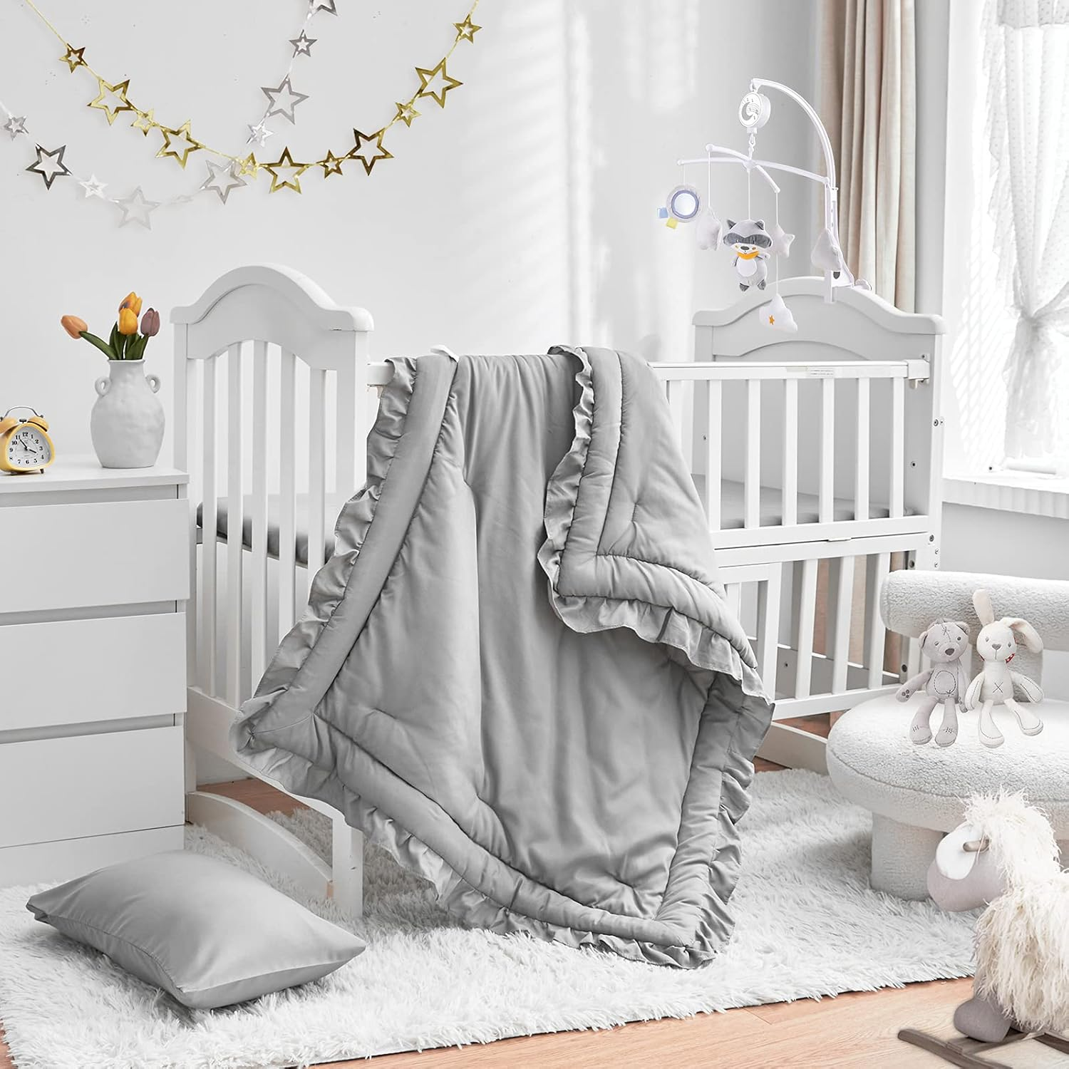3 Pieces Crib Bedding Set Baby Ruffle Quilted Comforter with Fitted Sheet and Pillow - Cute Ruffled Shabby Chic Bedding Soft Blanket Design White