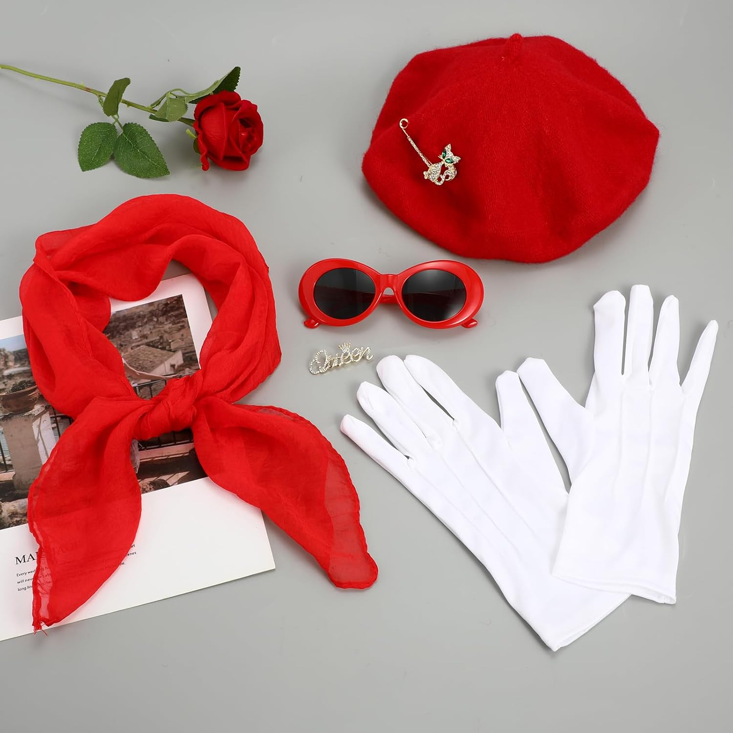 XEPST 6 Piece French Costume Set - 50S Costume for Women with French Beret Hat Sunglasses Scarf Gloves French Artist Kit for Halloween Cosplay Carnival image number 4