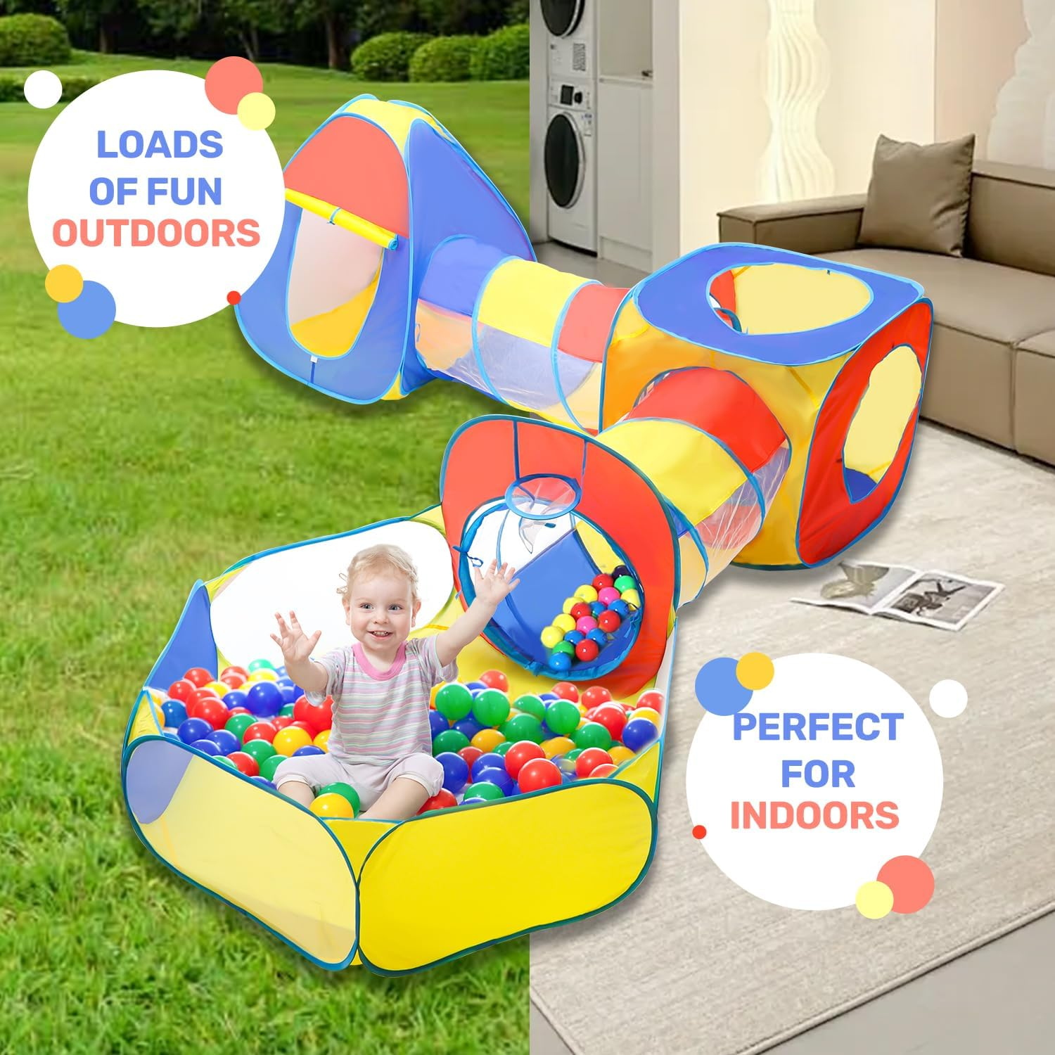 Eaglestone 5-In-1 Kids Play Tent with Tunnel and Ball Pit, Pop-Up Playhouse Set for Toddlers and Kids, Foldable Ball Pit Tent for Indoor and Outdoor Toys for Boys and Girls image number 3