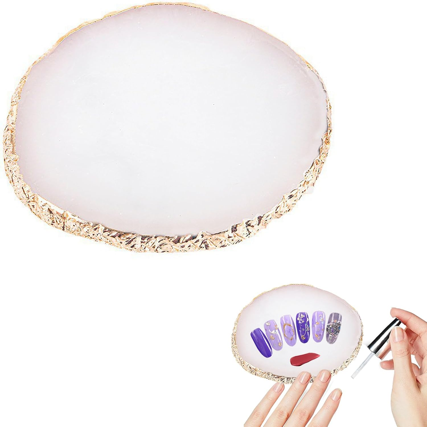 Manicure Painted, Resin Palette, Nail Art Palette with Gold Edge, White Imitation Skristal, Irregular Shape, Manicure, Painted, Colour Mixing Palette, Reusable, Washable, Cosmetic Mixing Tools image number 5