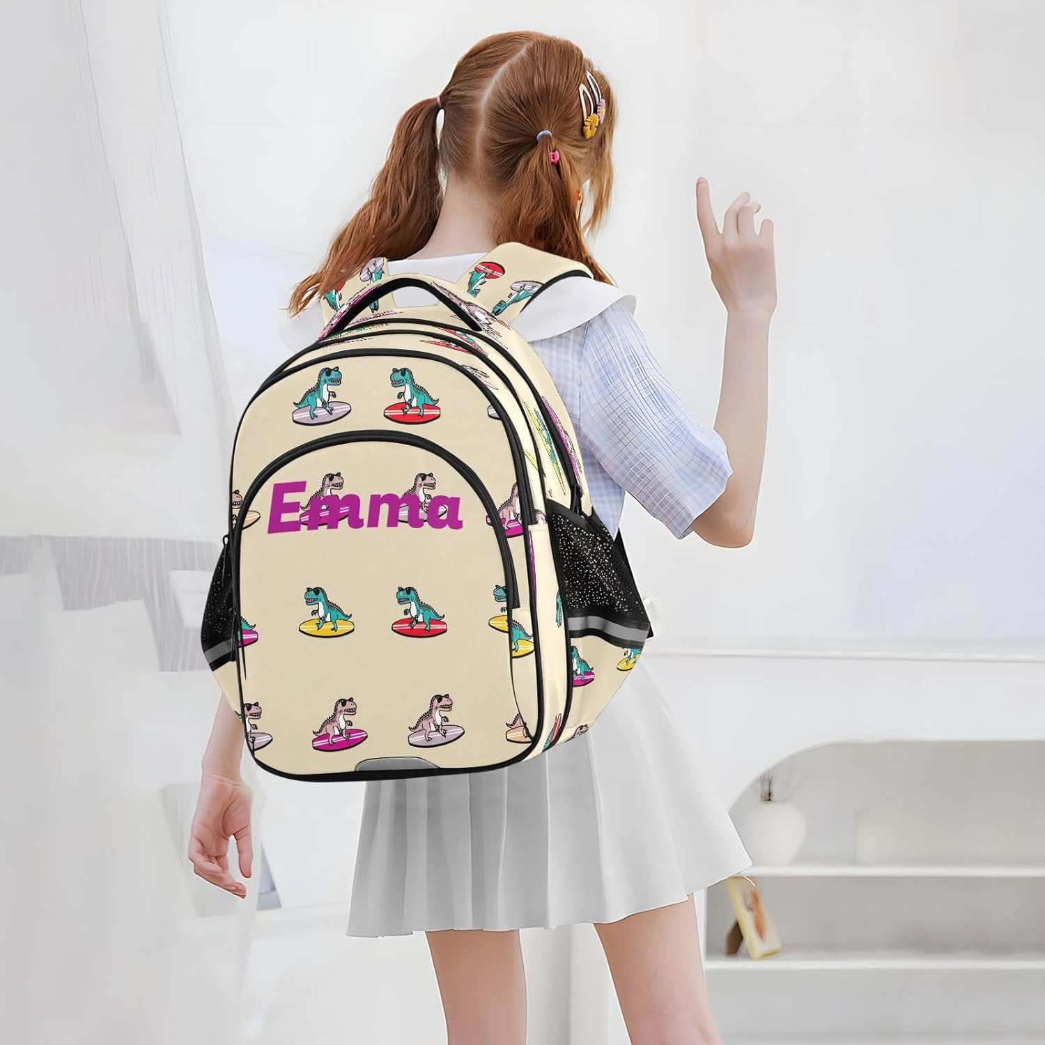 Personalized Cartoonish T Rex Beige Kids School Backpack for Boys Girls Ages 3-5, Cute 15 Inch Elementary Kids Backpack image number 4