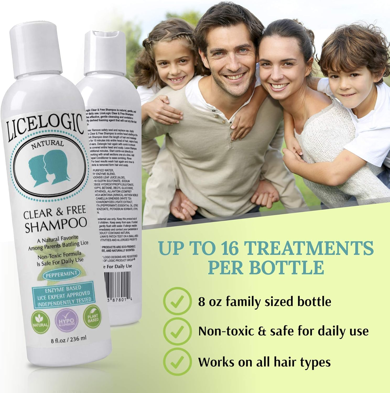 Licelogic Clear & Free Lice Treatment Shampoo - Independently Tested and Proven to Destroy Both Lice and Nits on Contact. Pesticide Free, Non-Toxic, Peppermint Scent - 16 Treatments per Bottle - 240Ml
