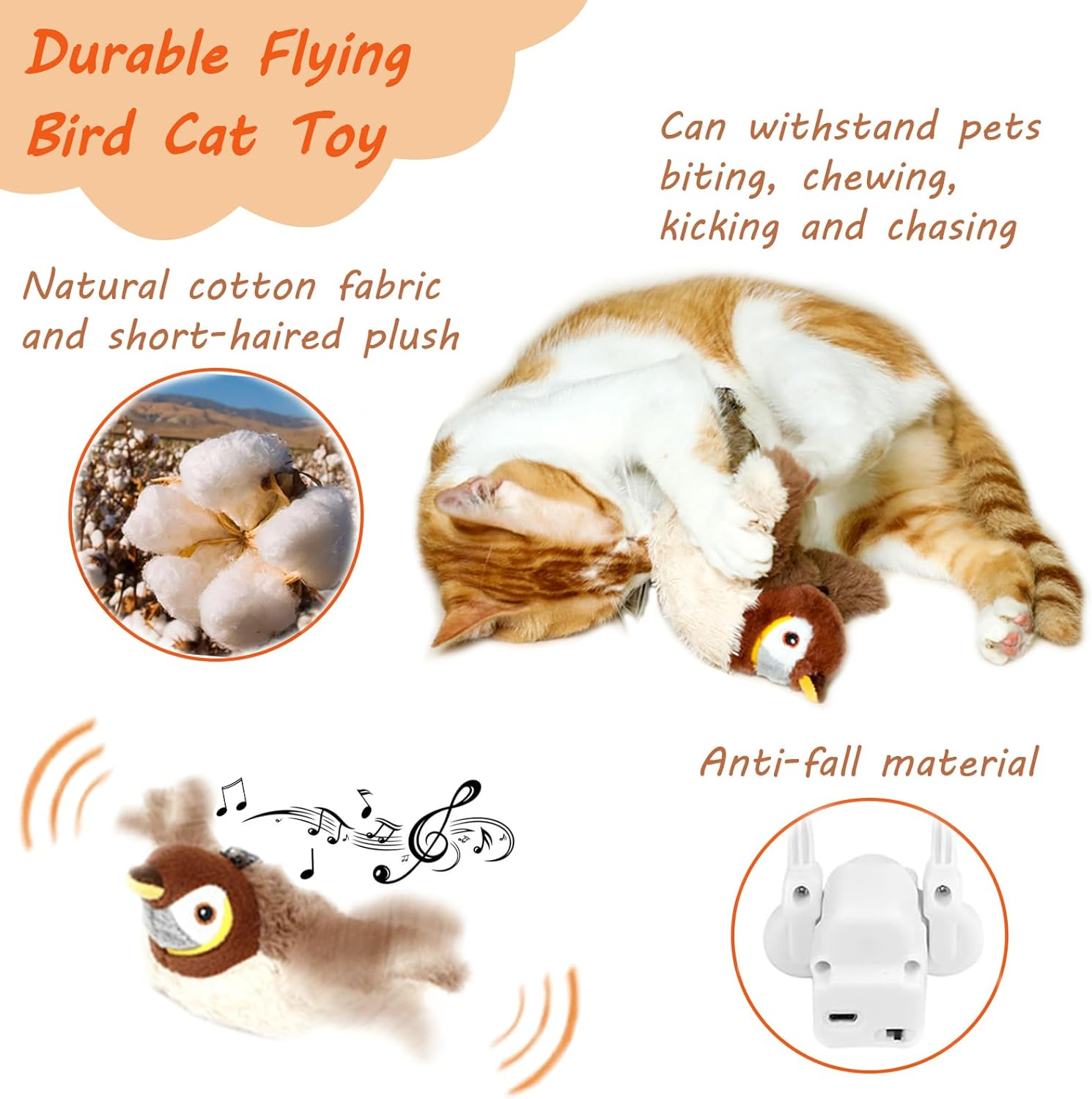 Bestek Flappy Bird Cat Toy(No Flying),Simulated Flapping Wings&Chirping Flying Bird Cat Toy,Rechargeable,Interactive Catnip Toys for Indoor Oudoor,Kittens and Small Dog image number 6