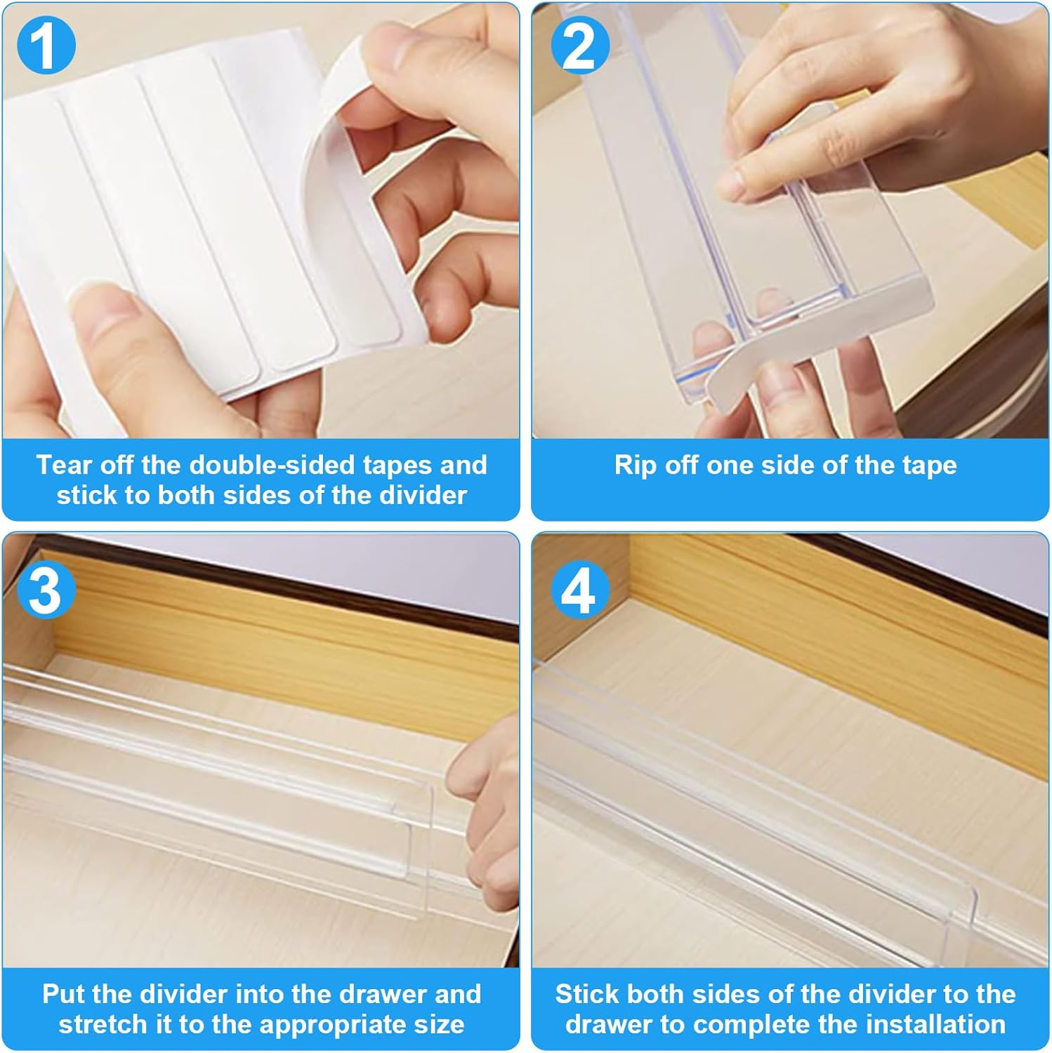 Drawer Dividers Organizers, Adjustable 3.2" High, Expandable from 11-20.8", Clear Plastic Drawer Organizers for Kitchen, Office, Clothing, Bathroom, Bedroom, Home Storage（10Pack） image number 5