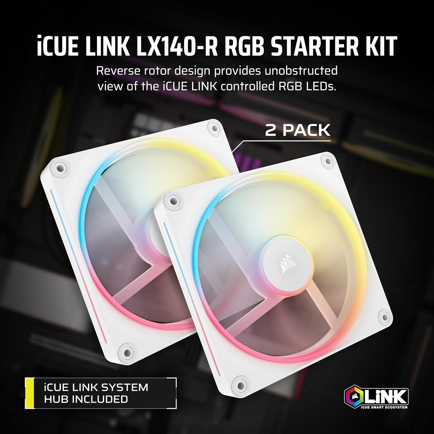 CORSAIR Icue Link LX140-R RGB 140Mm PWM Reverse Fans &ndash; Dual Fan Kit &ndash; Low-Noise, CORSAIR Magnetic Dome Bearing, Dual Light Loops, CORSAIR Quikturn&trade; Screws, Zero RPM Mode &ndash; White image number 2