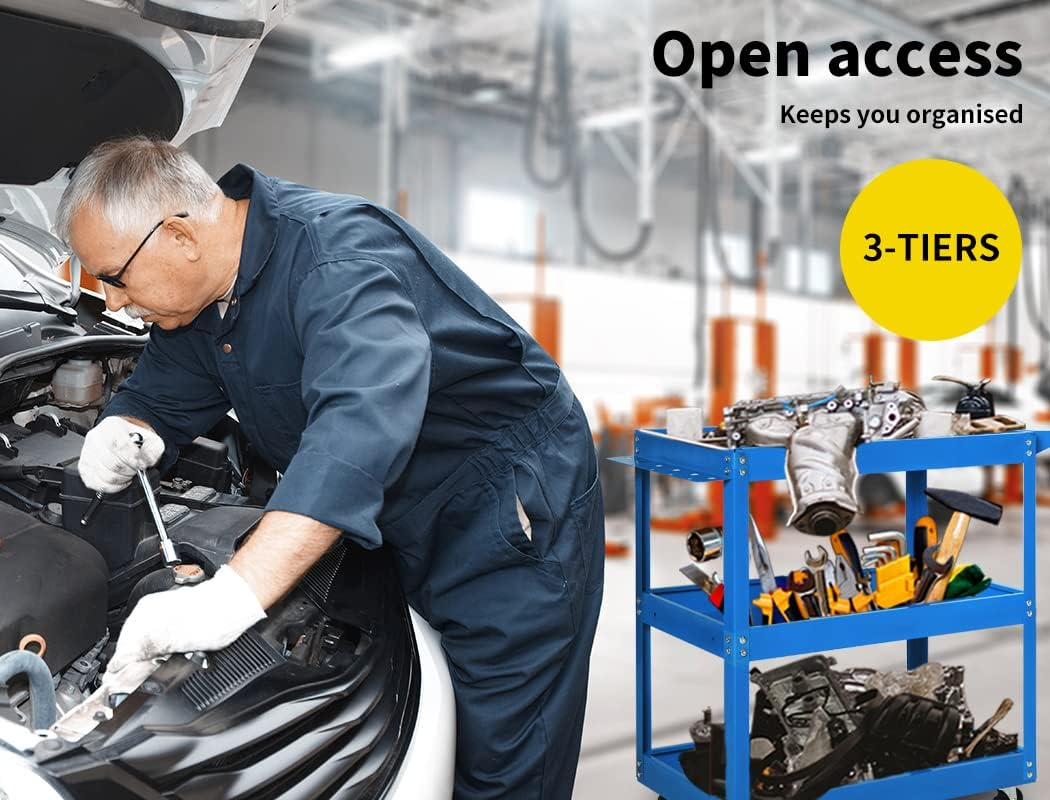 Traderight Tool Cart Trolley 3-Tier Toolbox Workshop Garage Storage Organiser with Wheels, Steel Utility Rolling Cabinet for Mechanics, 150 Kg Load Capacity, Lockable Drawers, Blue image number 3