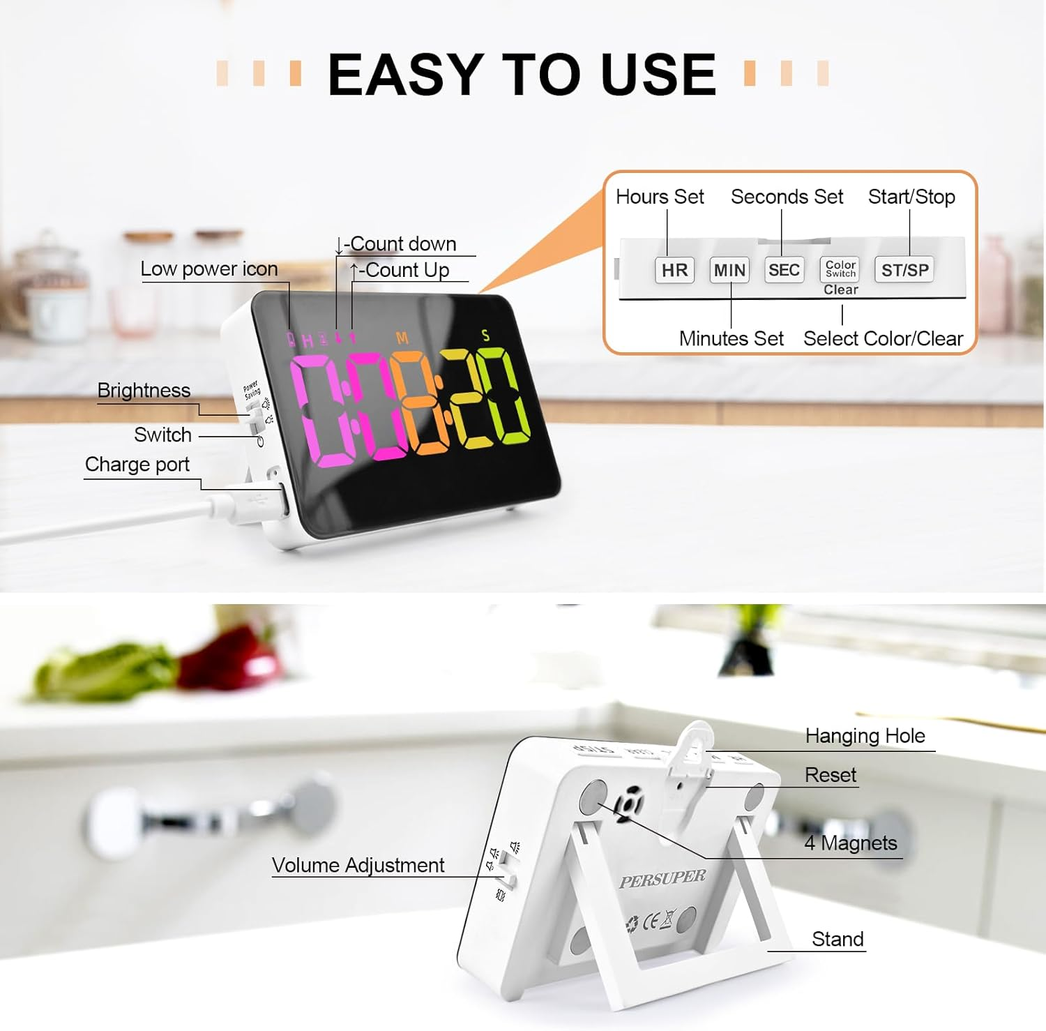 Kitchen Digital Timer, Count down Up, Rechargeable, Vibration Mode Adjustable Volume and Brightness LED Display, Time Management Cook, Desk, Kids Adults Study Teaching, Kitchen Gadgets image number 2