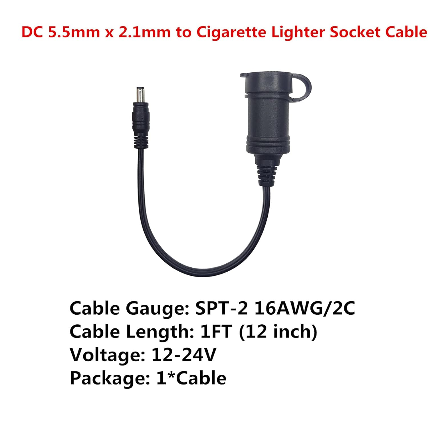 DC Female Cigarette Lighter Socket to DC 5.5Mm X 2.1Mm Male Barrel Plug Cord, 1Ft DC Car Charger Cable 12-24V DC Car Charger Auto Power Supply Cord for Car Refrigerator, Cleaner, Solar Generator image number 6
