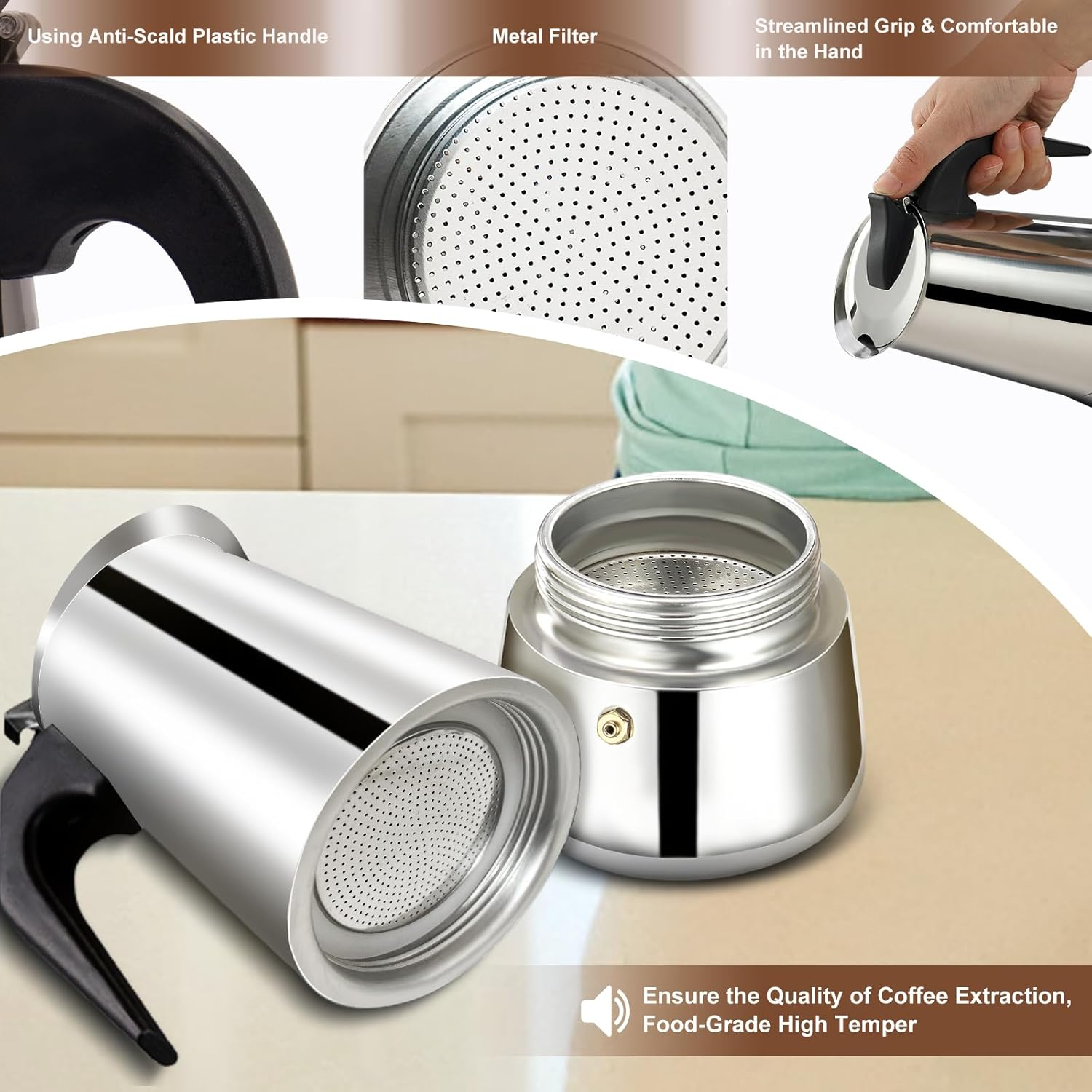 4 Cup Stovetop Espresso Maker Stainless Steel Moka Pot Espresso Maker Percolator Italian Coffee Maker Capable Mocha Coffee Machine Cafe Classic Maker for Home & Camping 200Ml 6.6Oz image number 4