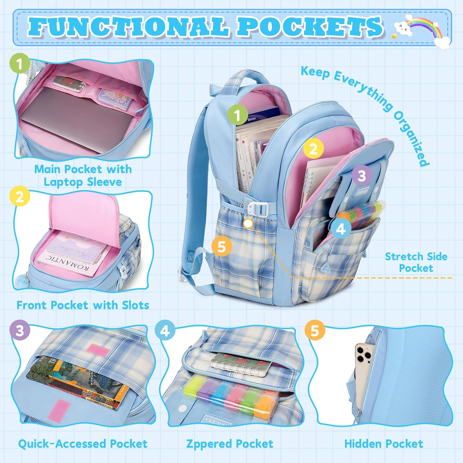 MUSEVOS Girls Backpack, Ideal School Backpack for Girls from Elementary to Teen Years, Kawaii Bookbag Cute Large Capacity