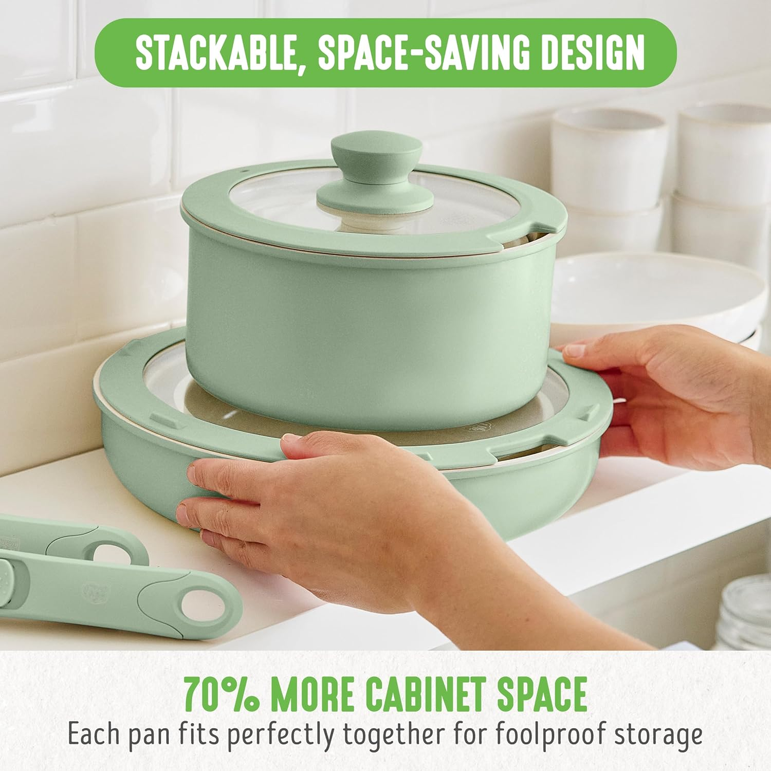 Greenlife Click 10-Piece Ceramic Nonstick Cookware Set, Detachable Handle, Stackable Space Saving Kitchen Essential, Non Toxic Pfas-Free Pots & Pans, Induction & Oven Safe, Glass Lid, Sage Green image number 2
