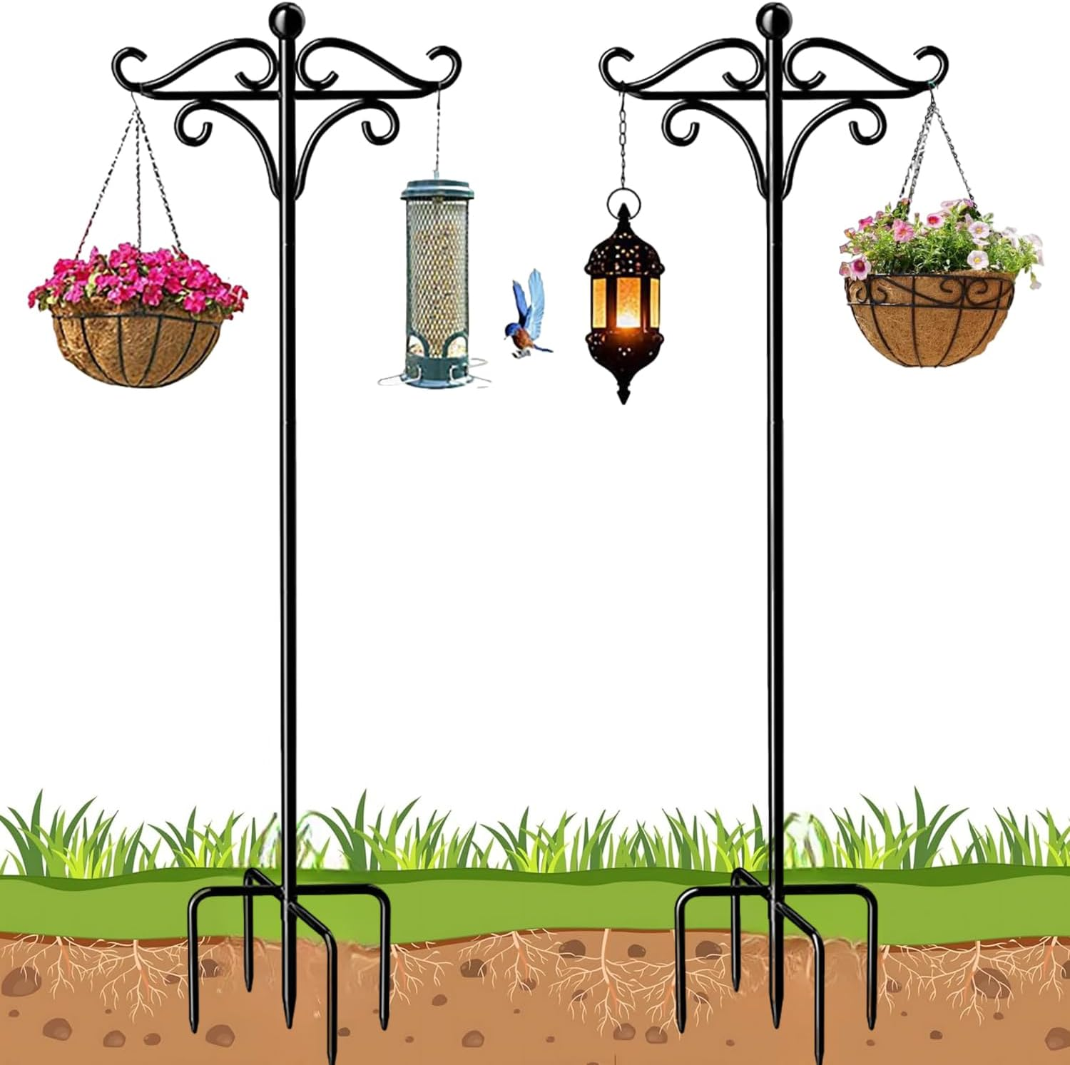 2PCS Shepherd Hooks Outdoor, 92 Inch with 5 Prong Base, Heavy-Duty Bird Feeder Pole Stand for Hanging Plant, Flower Pots, Lanterns, Wind Chime, Weddings Decor