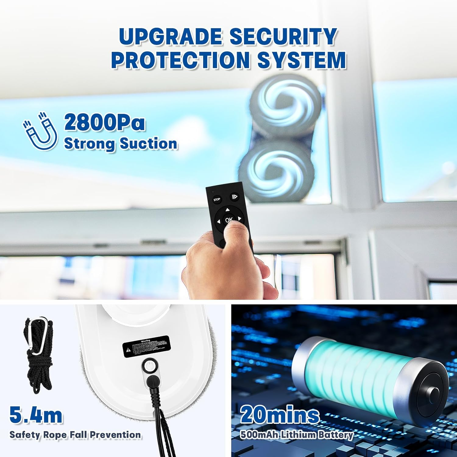 Advwin Window Cleaner Robot, 2800 Pa Smart Window Vacuum Cleaner with Remote Control and Anti-Falling Sensor Detection, Suitable for Glass Window Tile, Indoor Outdoor image number 4