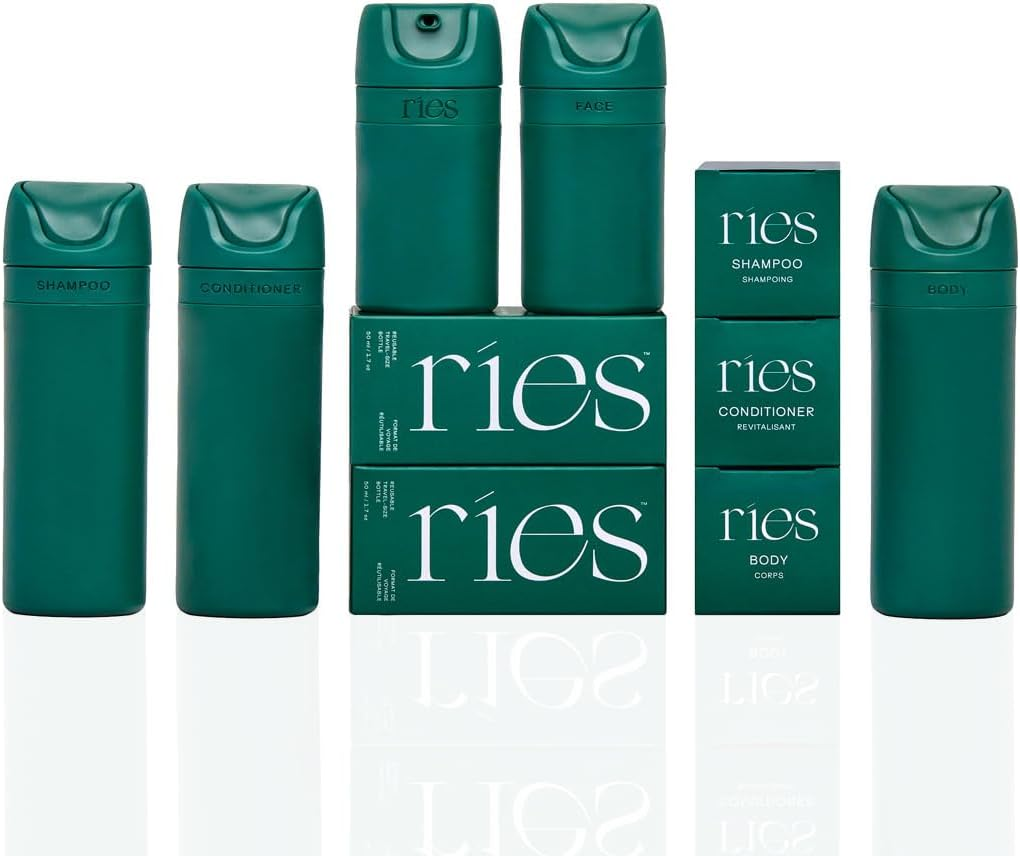 RIES Essential Refillable Toiletry Travel Bottles &ndash; Set of 5 (3.4Oz & 1.7Oz) Airless Pump Containers for Shampoo, Conditioner, Body, Face &ndash; Leak-Proof, Tsa-Approved, Dishwasher Safe- Runaway Blue