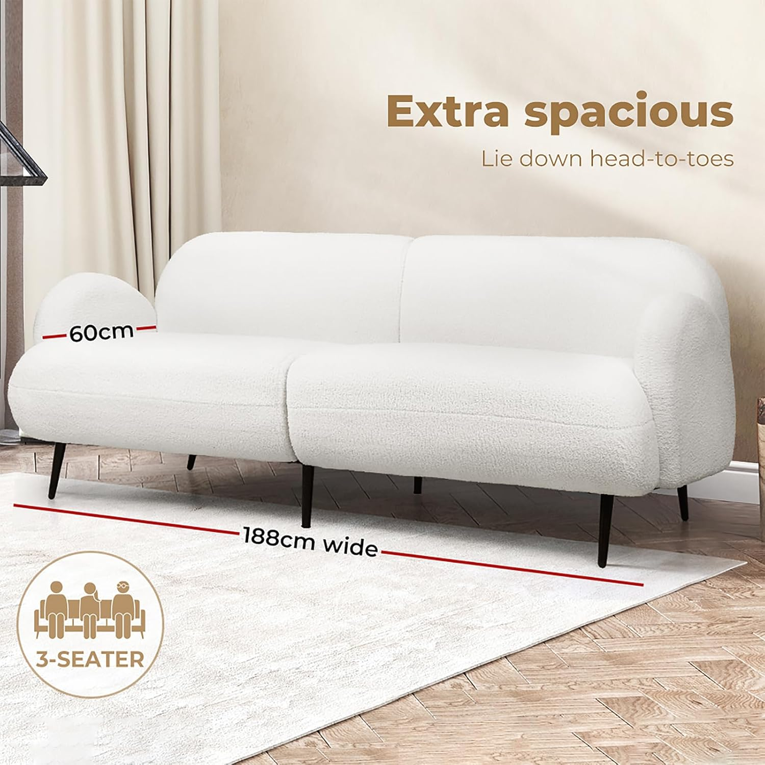 LEVEDE 3 Seater Sofa, Soft Upholstered Boucle Sherpa Fabric Loveseat Sofa Couch, Comfy Recliner Sofa Lounge, Spare Bed for Guest Room, Living Room, Office, Studio, Load up to 250Kg (188Cm, White)