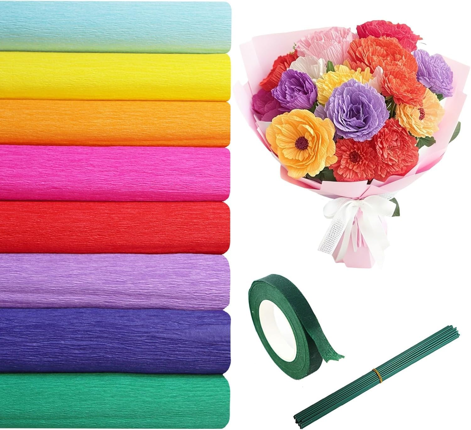 8 Roll Rainbow Crepe Paper Craft Kit25 X 250Cm(10" X8') Includes 50 Sturdy Floral Wires & 1 Stretch Tape，Tear-Resistant Papel Crepe Supplies for DIY Party Decor, Wedding Flowers, Family Crafts(Rainbow Colors) image number 1