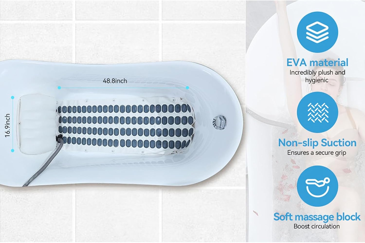 Home Surfing Massage Bath Mat, Non-Slip Bath Mat, 6-Speed Adjustment, with Inflatable Pillow + Remote, Release Tense Muscles, off Automatically, for Most Bathtubs,White image number 2