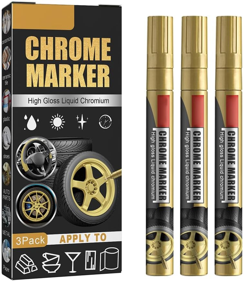 Fdit Car Paint Scratch Repair Pen, Chrome Marker Pen Gold or Silver Touch up Paint for Minor Scratches Swirls with High Gloss Finish for Cars Tires Bumpers 3Pcs (1)