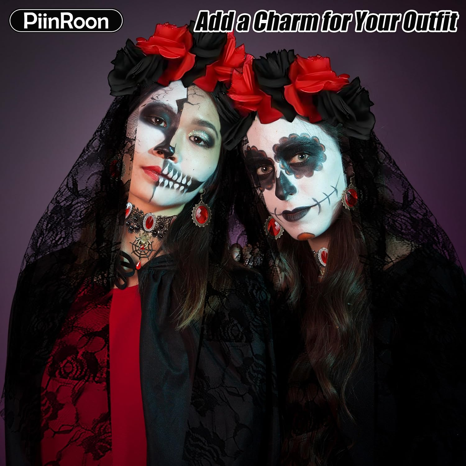 Piinroon Day of the Dead Headband, 5 Pcs Day of the Dead Costume, Halloween Headband Necklace Earrings Gloves Socks for Women image number 1