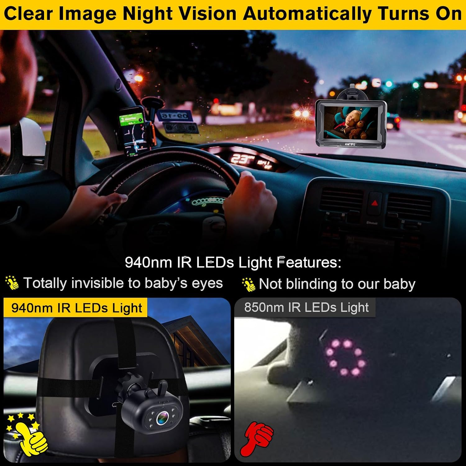 AMTIFO Baby Car Camera Easy Install: Clear Night Vision 2Mins Plug-Play Backseat Camera 360 Rotation Rear Facing Car Baby Monitor with Camera