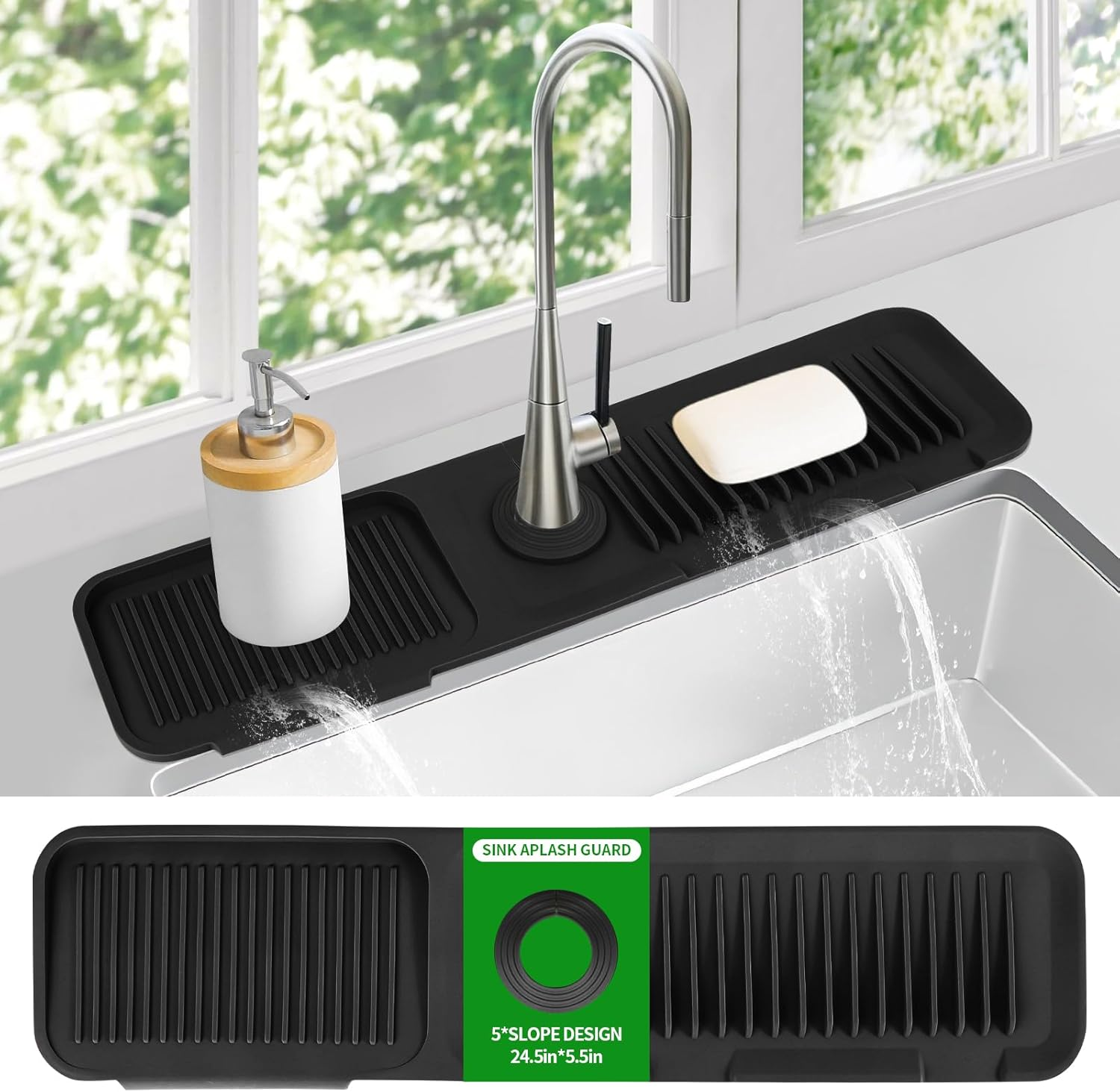 Dolic Faucet Mat for Kitchen Sink, Silicone Splash Guard with Rapid Drying & Dish Soap Sponge Holder, Perfect for Kitchen & Bathroom (Black, 61 X 15Cm) image number 4