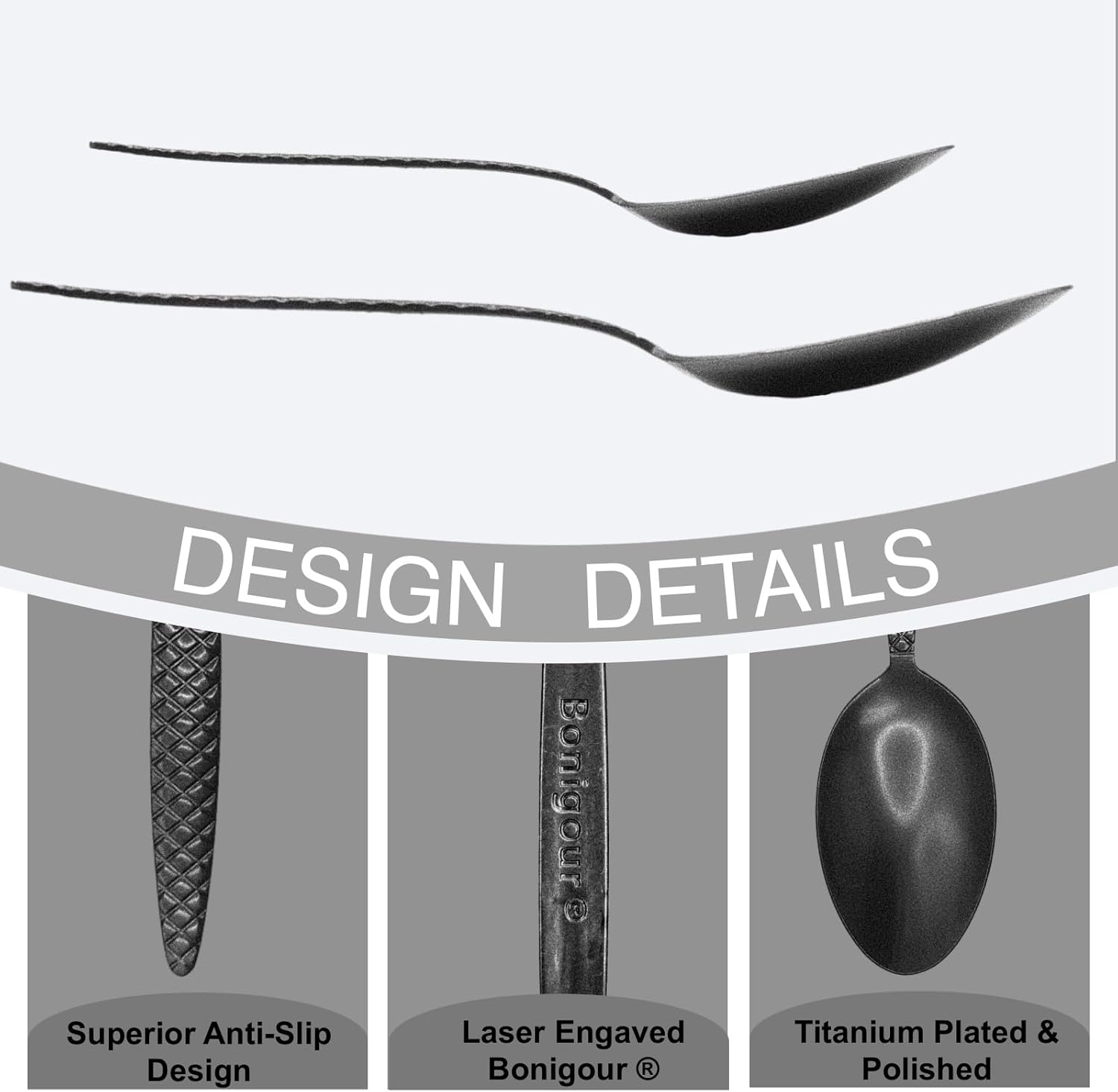 Bonigour Chef Kunz Spoons - 18/10 Stainless Steel Professional Set for Basting, Plating, Quenelle, Serving, Sauces| Vintage-Inspired Chef Spoon Set| Culinary Plating Tools with Non-Slip Grip (Black) image number 1