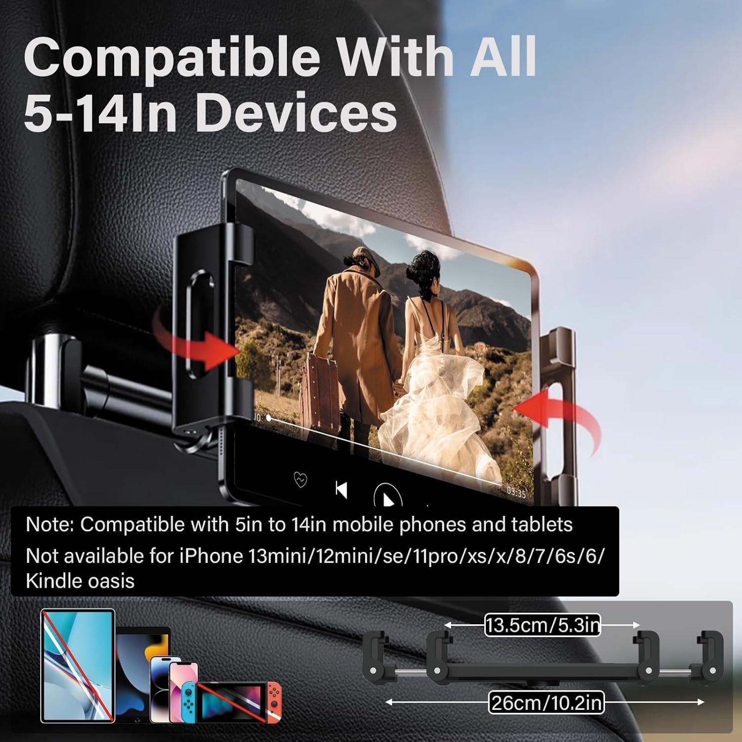 Car Headrest Tablet Holder, Ipad Car Mount Back Seat - 360&deg; Rotating Adjustable, Universal for 5-11" Tablets/Phones, Stretchable Fit for Ipad, Samsung, Phone, Backseat Headrest Mount (Black) image number 6