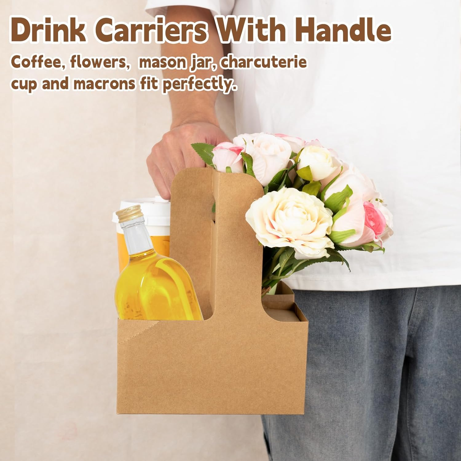 2 Cup Drink Carrier with Handle,Pack of 20 Kraft Paperboard Take Out Cup Carriers,Portable Foldable Cup Carrier for Hot or Cold Drinks,Coffee Carrier, Food Delivery (Brown)