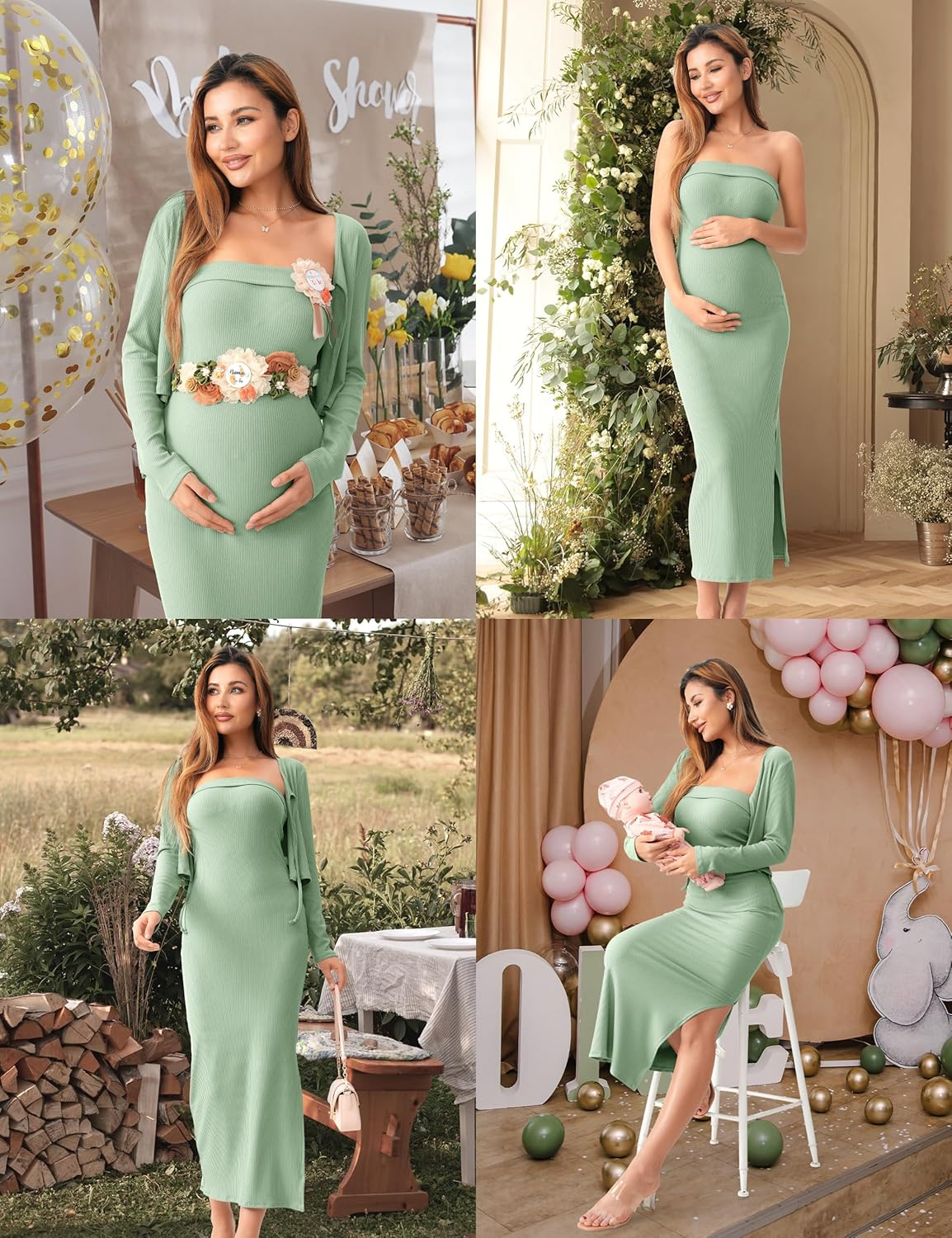 SUNNYBUY Baby Shower Maternity Tube Dress Short Cardigan Bodycon Ribbed Maxi Dress Casual 2 Piece Pregnancy Outfit Set, Sage Green, Xx-Large