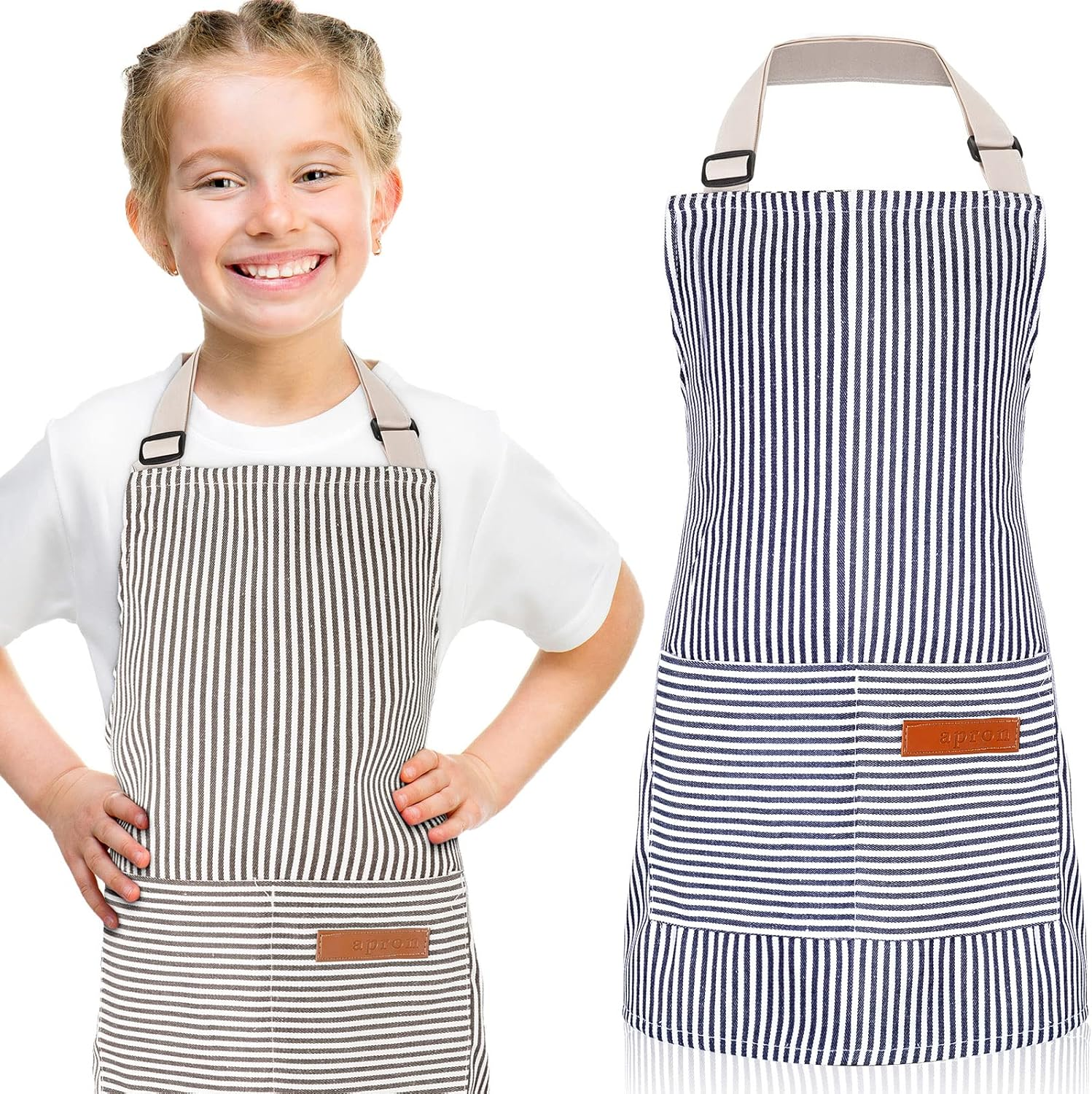 Jiuguva 2 Pack Kids Apron Adjustable Chef Apron Cotton Toddler Stripe Apron Cooking Aprons with 2 Pockets for Children Baking