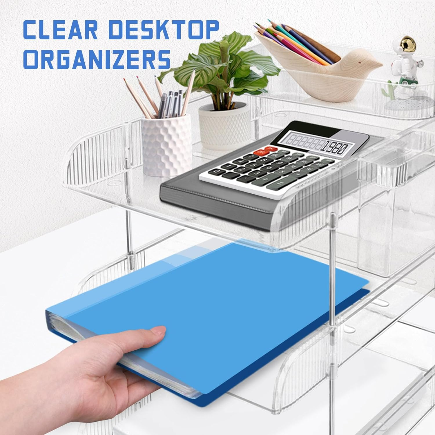 4 Tier Countertop Letter Tray, Clear Office Desk Letter Organisers, A4 File Tray, Stackable Paper Organiser, File Holder with Pen Holder and Extra Storage Box for Home Office School image number 2