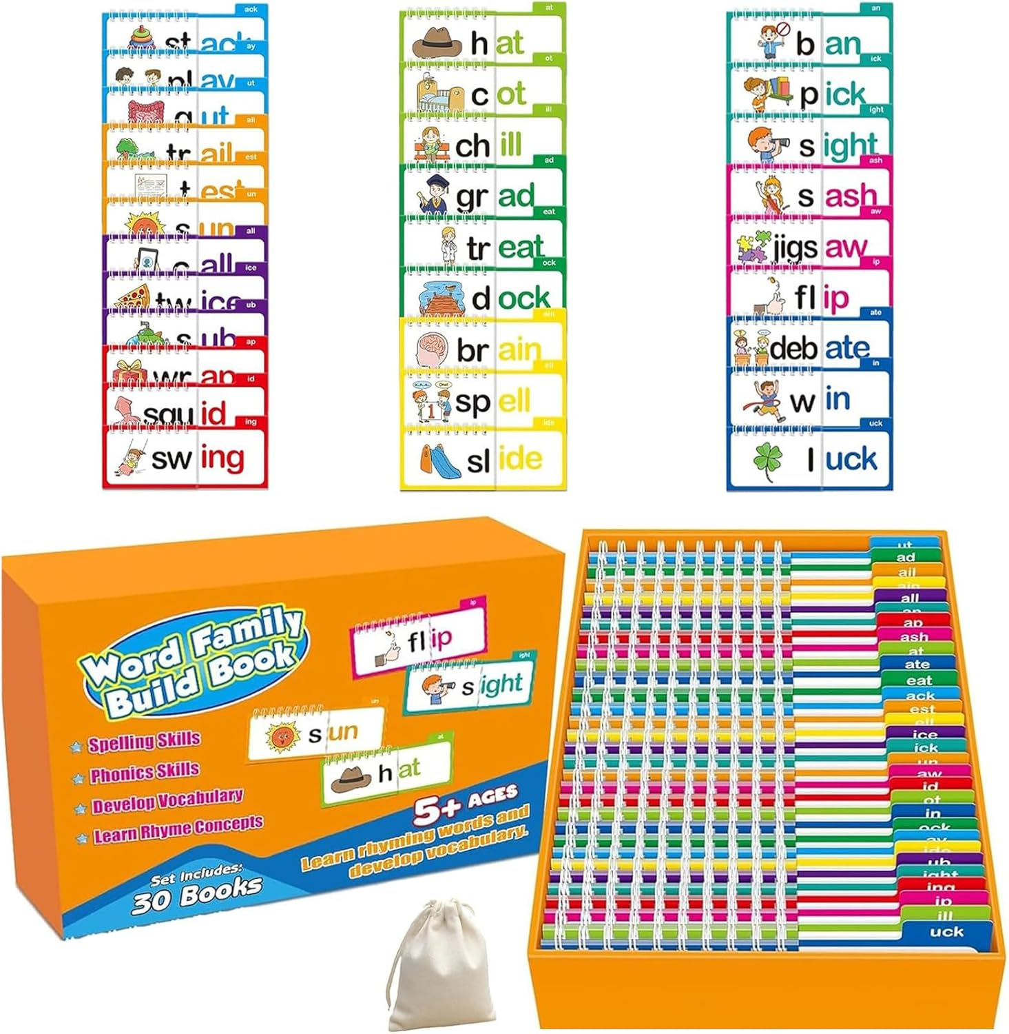 30 Read and Rhyme Flip Books, Word Families Flash Cards, ABC Vocabulary Flash Cards, Educational Reading Games image number 1