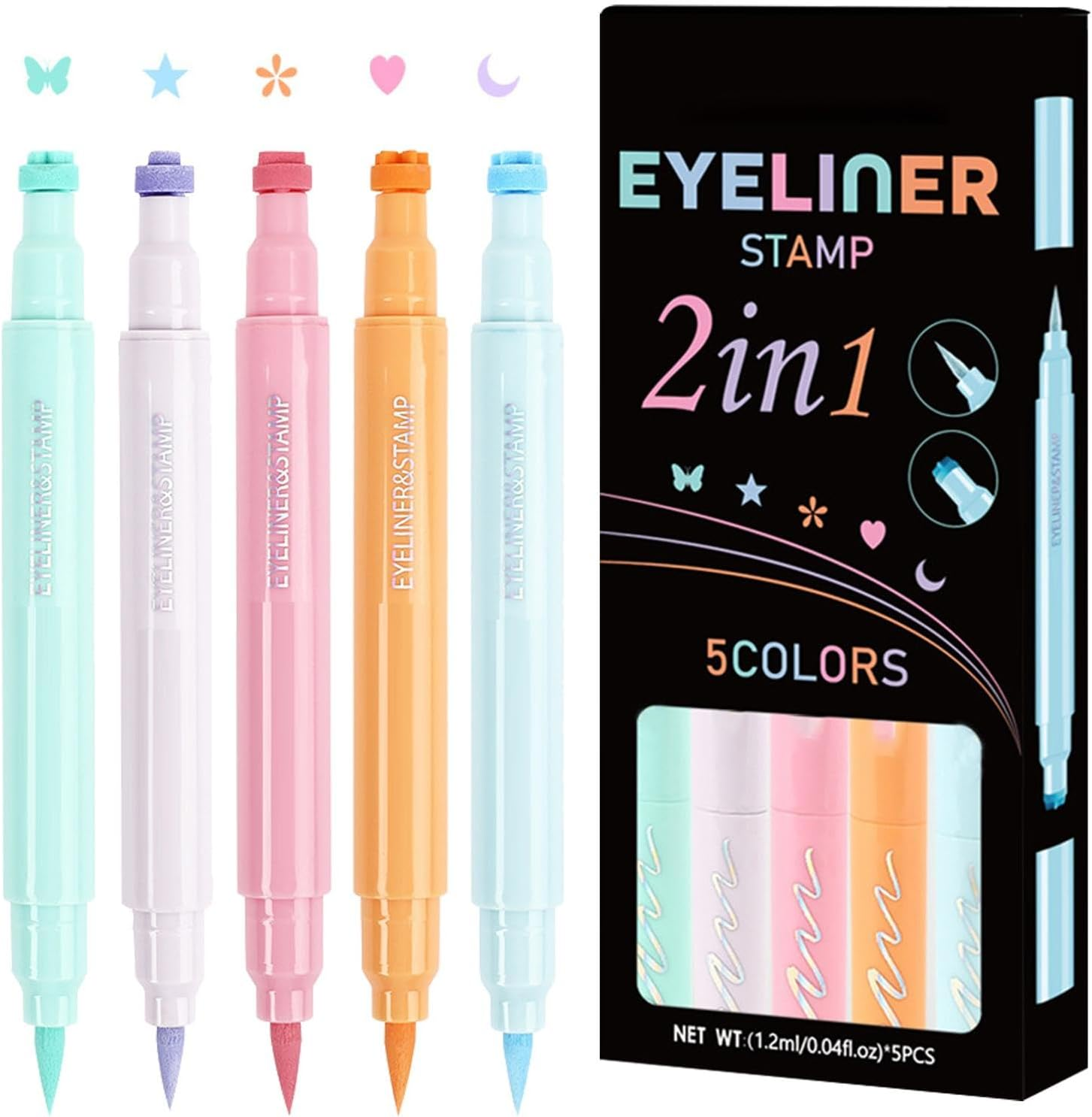 5-Piece Liquid Colored Eye Liner Stamps, Winged Eye Liner Stamp, Waterproof Eye-Lid Makeup Pen Set, Long-Lasting/Quick-Drying, Double-Ended 2In1 Pens, 1.2Ml for Daily, Casual, Festival Makeup image number 1