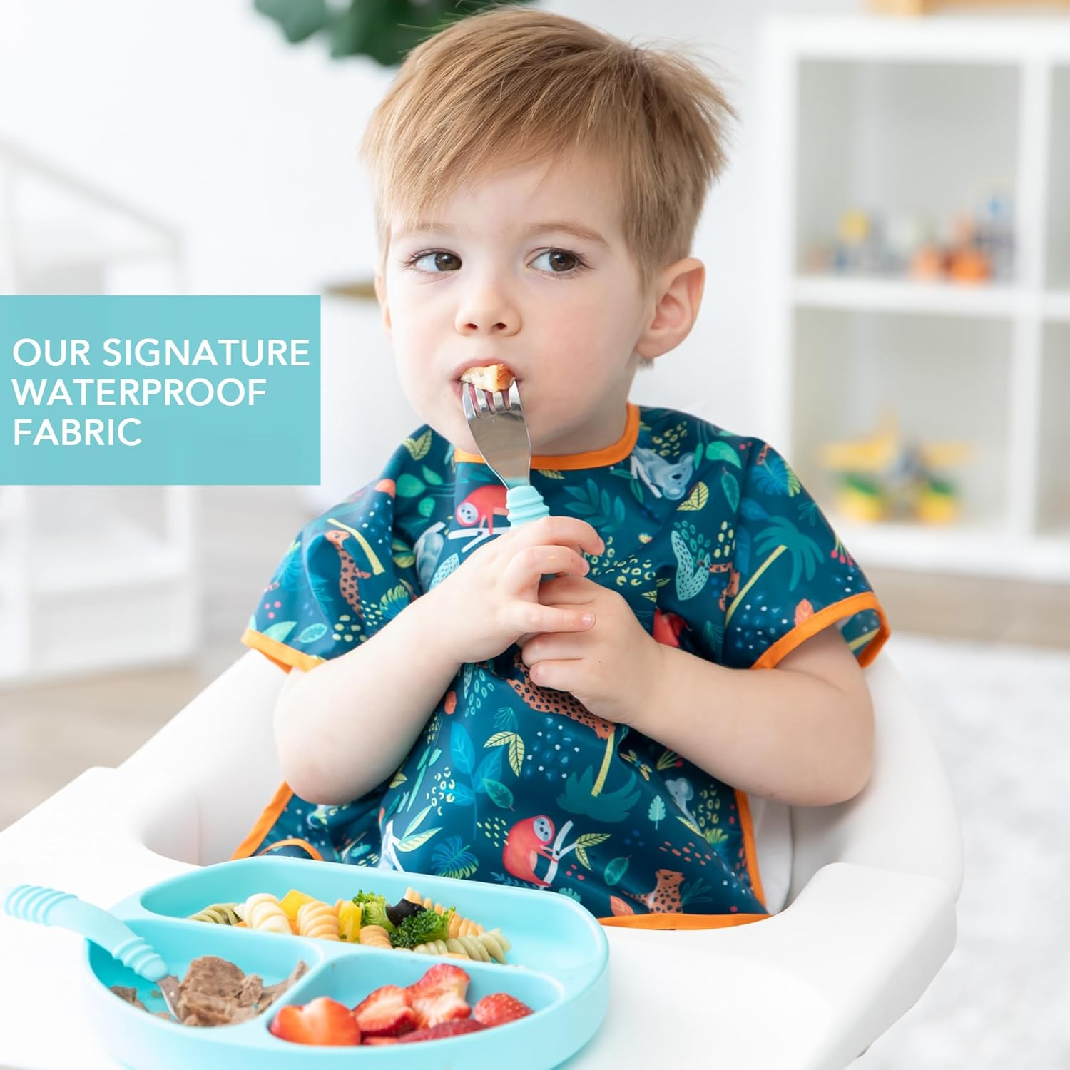 Bumkins Junior Bib, Short Sleeve Toddler Bib, Smock for Kids 1-3 Years, Waterproof Fabric &ndash; Jungle, 15X16 Inch (Pack of 1) image number 6