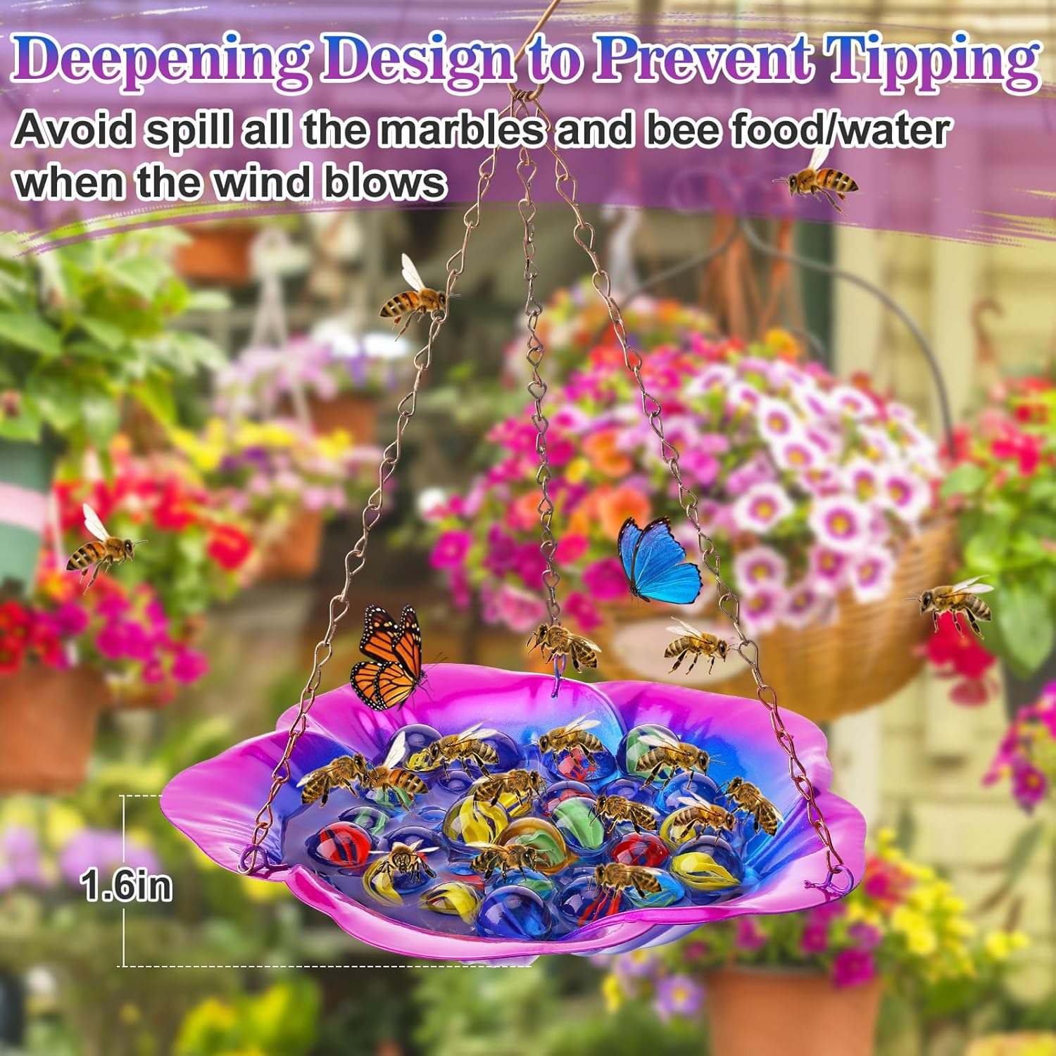 Bee Feeder with Vivid Flower Design, Anti-Rust Iron Bee Watering Station for Feeding, Colorful Butterfly Bath Bowl Bee Cups with 30 Glass Marbles for Outdoor Yard Garden Decor Gifts (Blue-Purple) - Blue Mix Purple image number 4