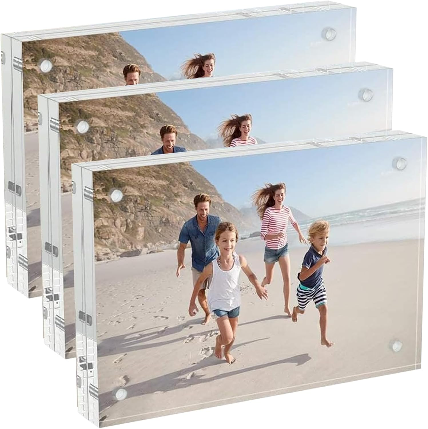 3 Pack Picture Frames, 4X6 Inch Acrylic Frame, Self Standing Block Display Photo Frame, Horizontal Magnet Double Sided Picture Frame, Thick Desktop Frameless Magnetic Photo Frame (10X15Cm, 10+10MM) image number 1