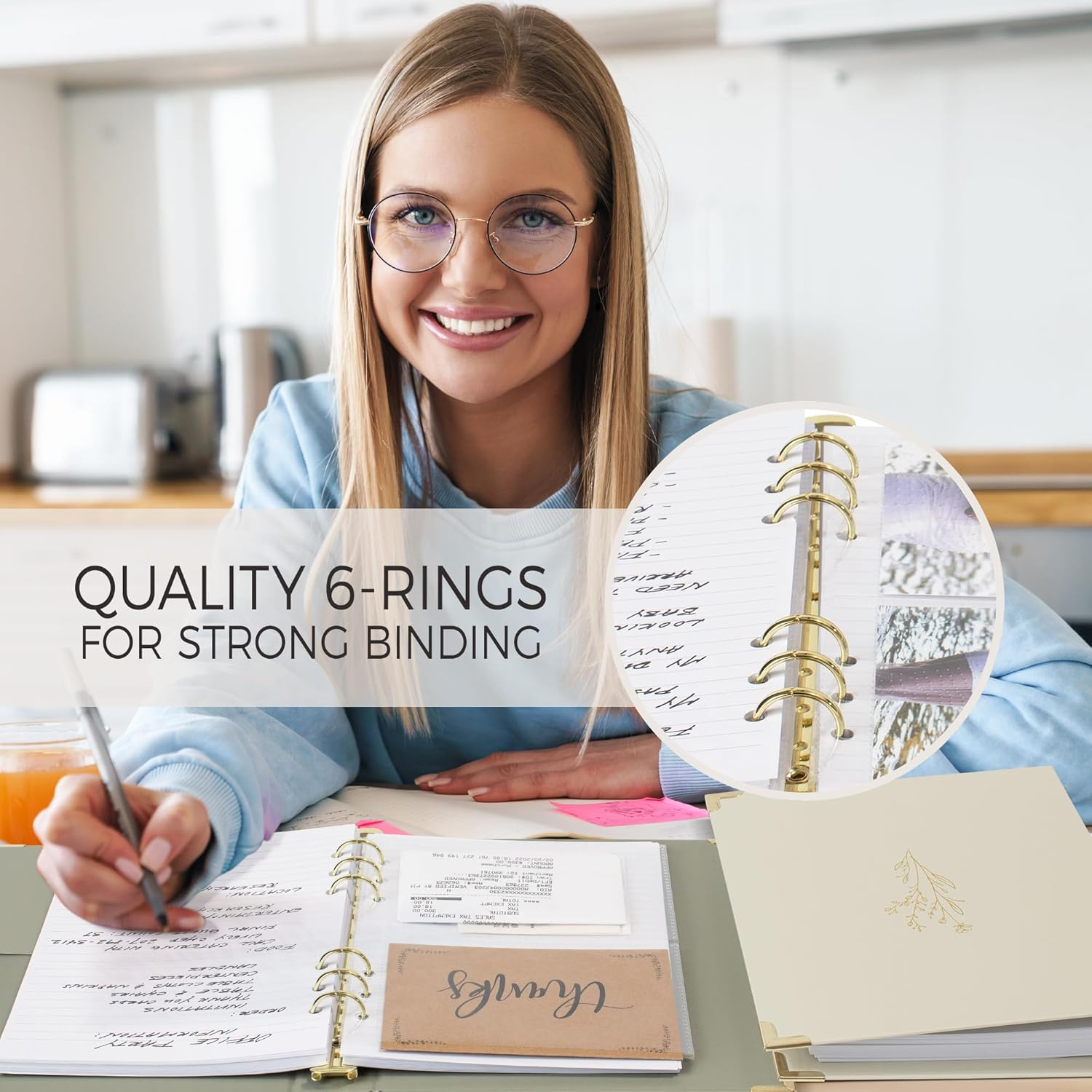 ZICOTO Aesthetic 6 Ring A5 Binder Set of 2 - the Perfect 1 Inch Planner Binder for Journaling or Collections - Refillable Notebook Binder with Pocket, ZIC-RBINDER-BG_23-097B, Beige-Green - Beige-Green image number 6